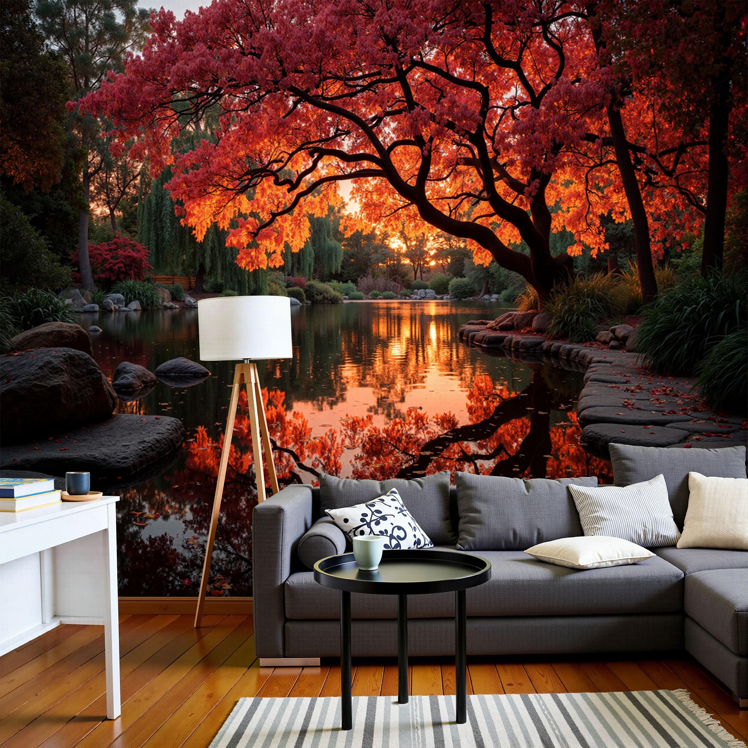 Papier peint érables d'automne lac pour créer un coin lecture zen au salon