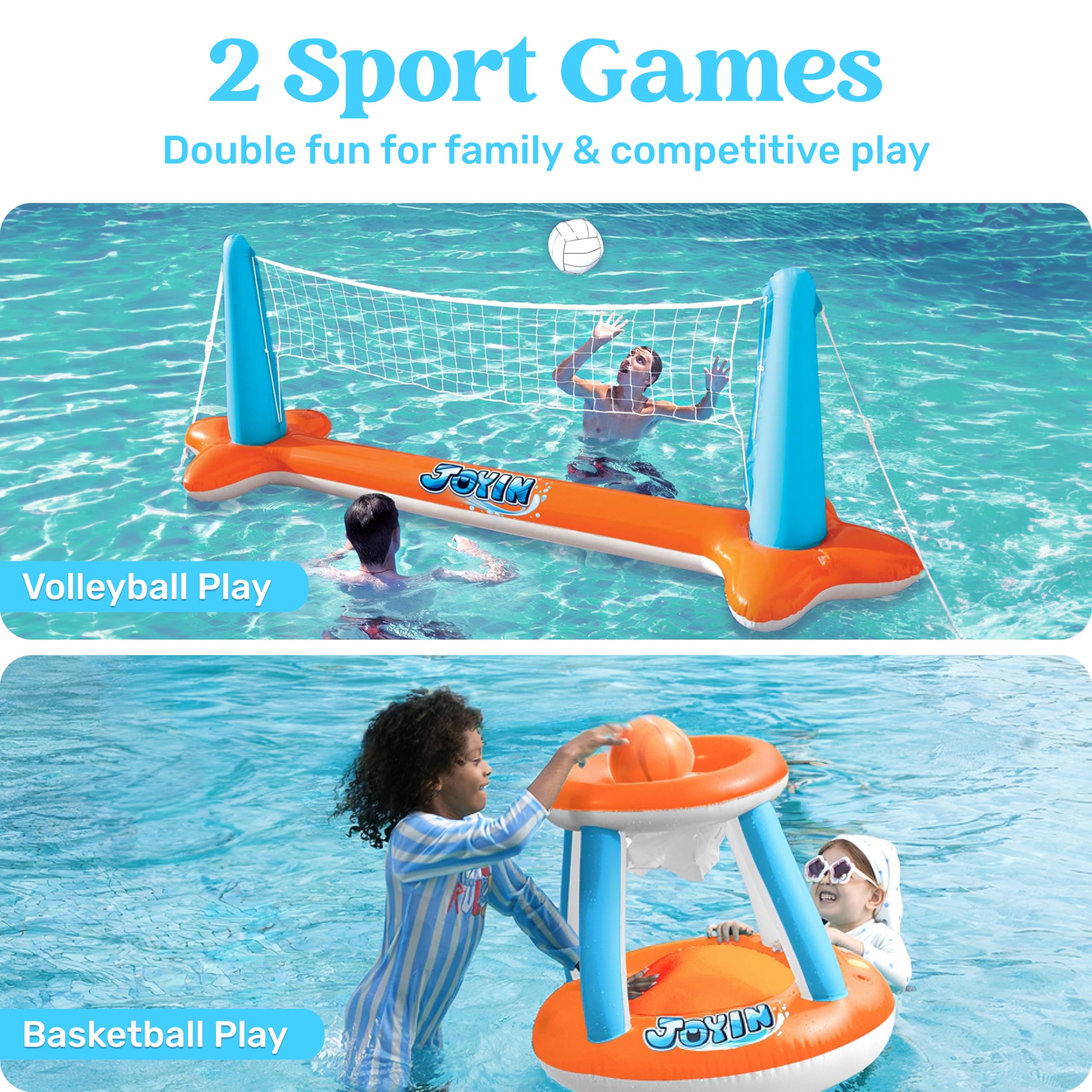 JOYIN Juego de flotador inflable XL para piscina, red de voleibol de 125 pulgadas y aros de baloncesto, juguete flotante extragrande para niños y adultos, flotadores de verano, cancha de voleibol,
