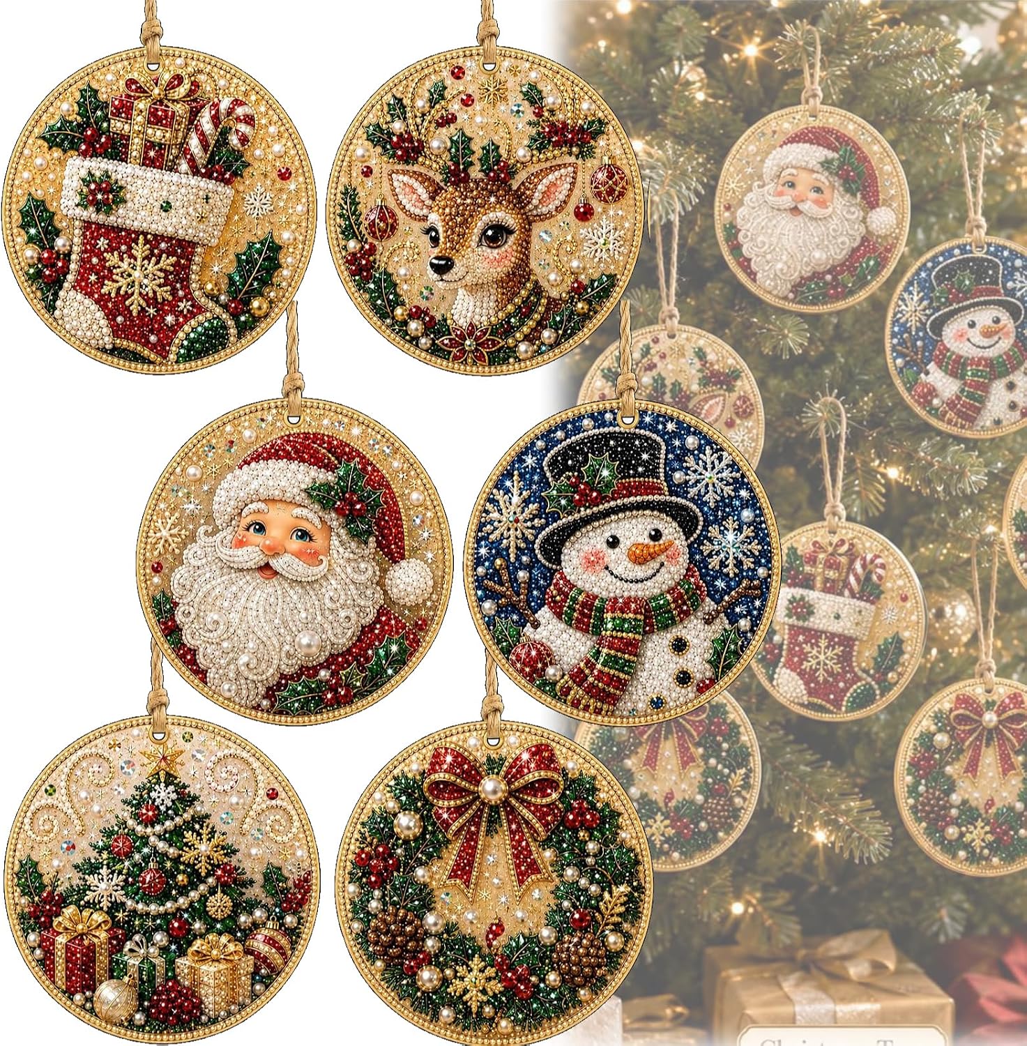 iekufes DIY Diamond Art Christmas Wooden Ornaments Kit 6 Pack
