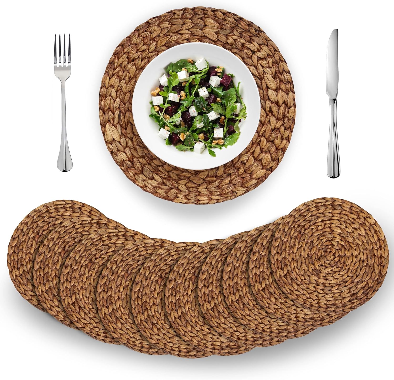 BARIEN Brown Woven Placemats Round Set of 10, Natural Water Hyacinth Weave Placemat for Dining Table, Large Handmade Woven Placemats Heat Resistant Non-Slip (13")