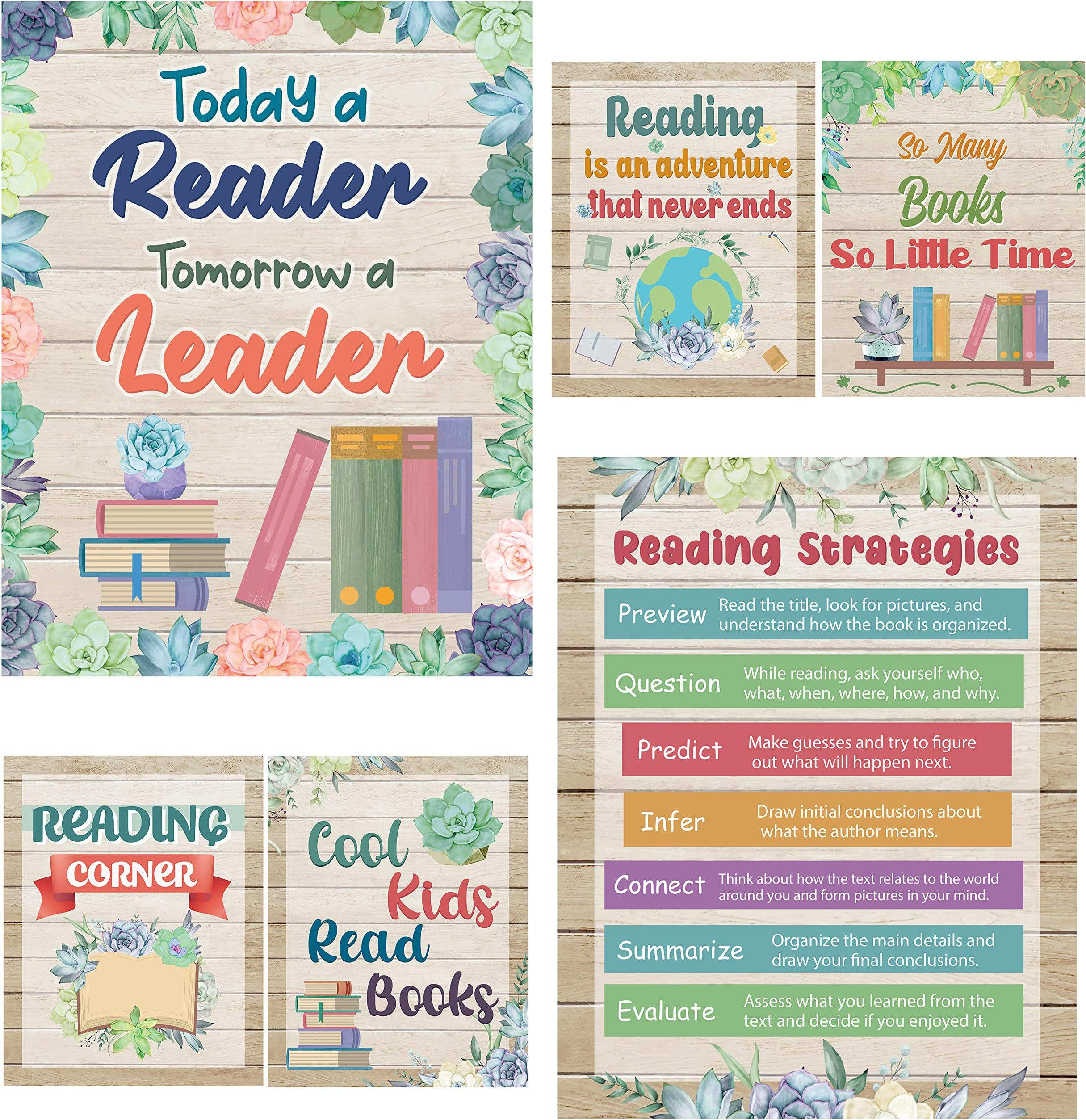 ArowlWesh 6Pcs Reading Posters for Classroom Library Decorations for School Reading Posters for Elementary School Reading Bulletin Board Poster Kids Educational Posters Reading Corner Decor