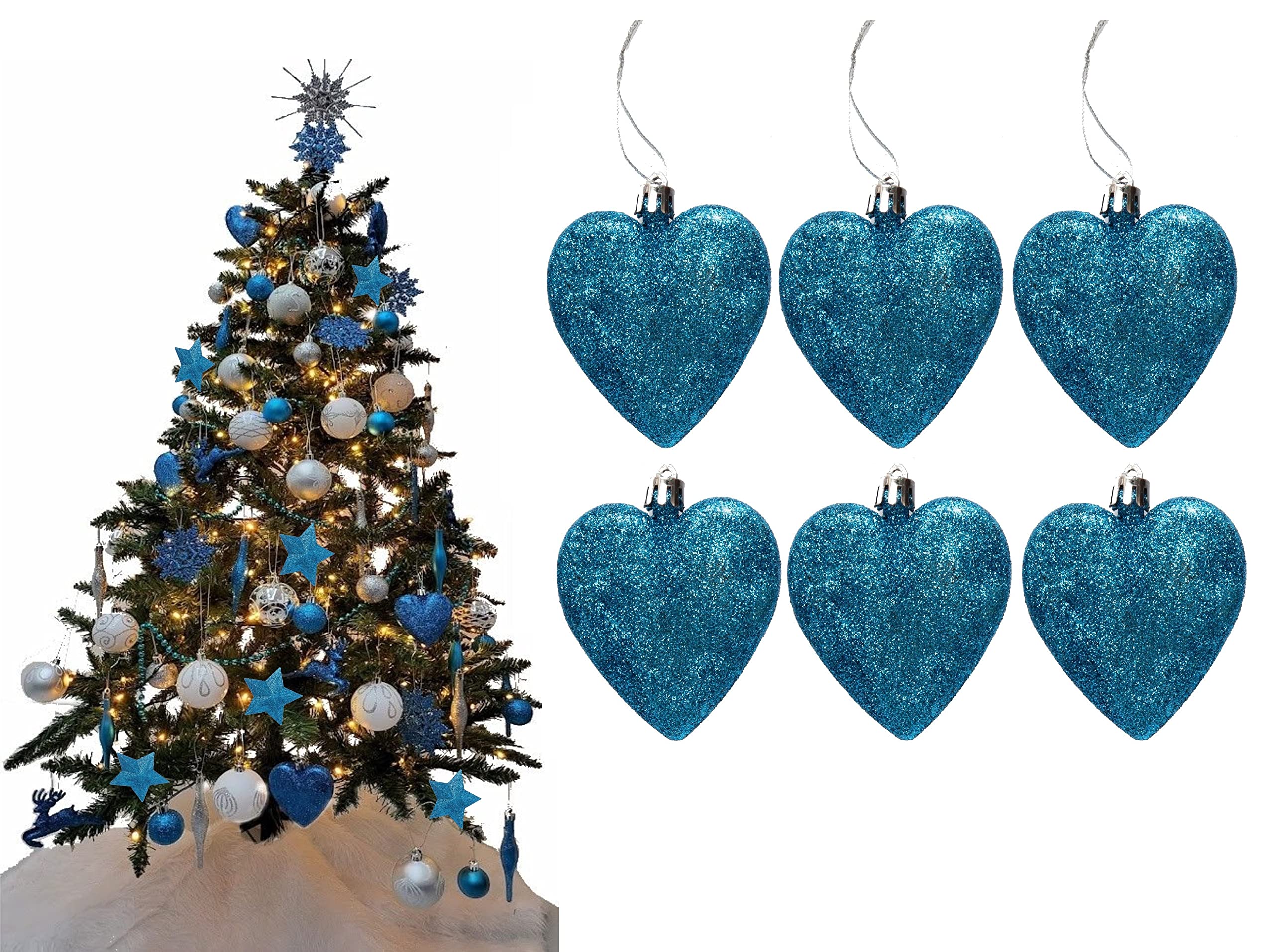 Simply Products Turquoise Glitter 6 Heart Baubles - Great Christmas Tree Decorations, Glitter Heart Baubles (Turquoise Glitter)