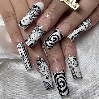 Long Press on Nails Square French Fake Nails Y2K Black Cartoon Graffiti False Nails Glossy Ballerina Full Cover Acrylic Nails 24pcs