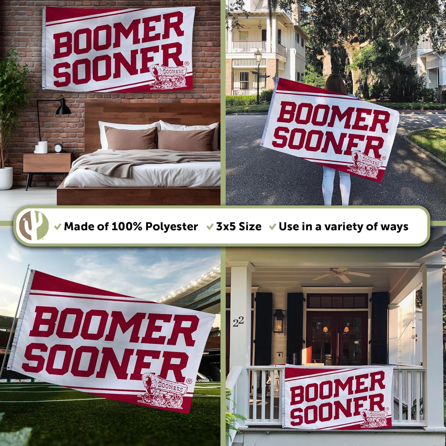 Desert Cactus University of Oklahoma UO Flag - 3 x 5 Feet Sooners Banner, Indoor/Outdoor Durable Fabric, 100% Polyester Design (Style I) - Image 3