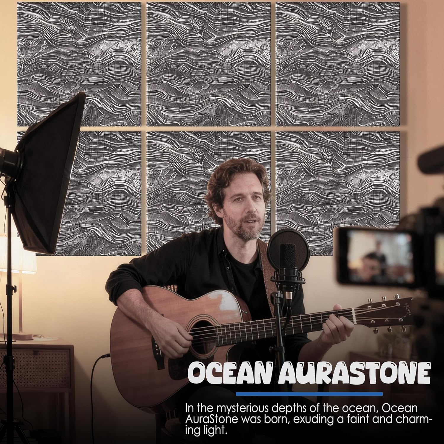 Acoustic Wall Panels 6 Pack, 24"x24"Decorative Art Soundproof Panels, Sound Absorbing Self-Adhesive Panel, Acoustic Treatment for Studio, Home Theater, Office (Ocean AuraStone)