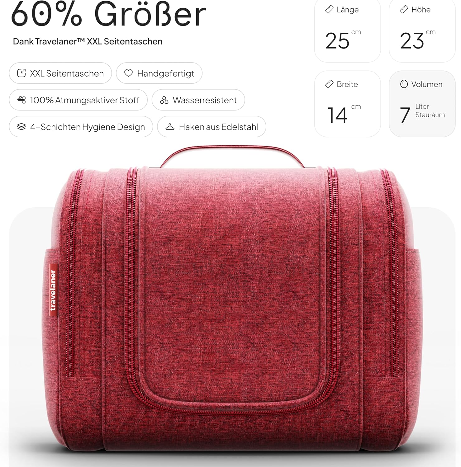 Hanging Toiletry Bag for Women, Men and Children, 7 Litre Storage Space, 3-in-1 Toiletry Bag, Cosmetic Case, Cosmetic Bag for Men and Women, Travel Wash Bag, red | Large toiletry bag with hooks: cosmetic bag, wash bag & wash bag for travel, kids & adults, water resistant L Red