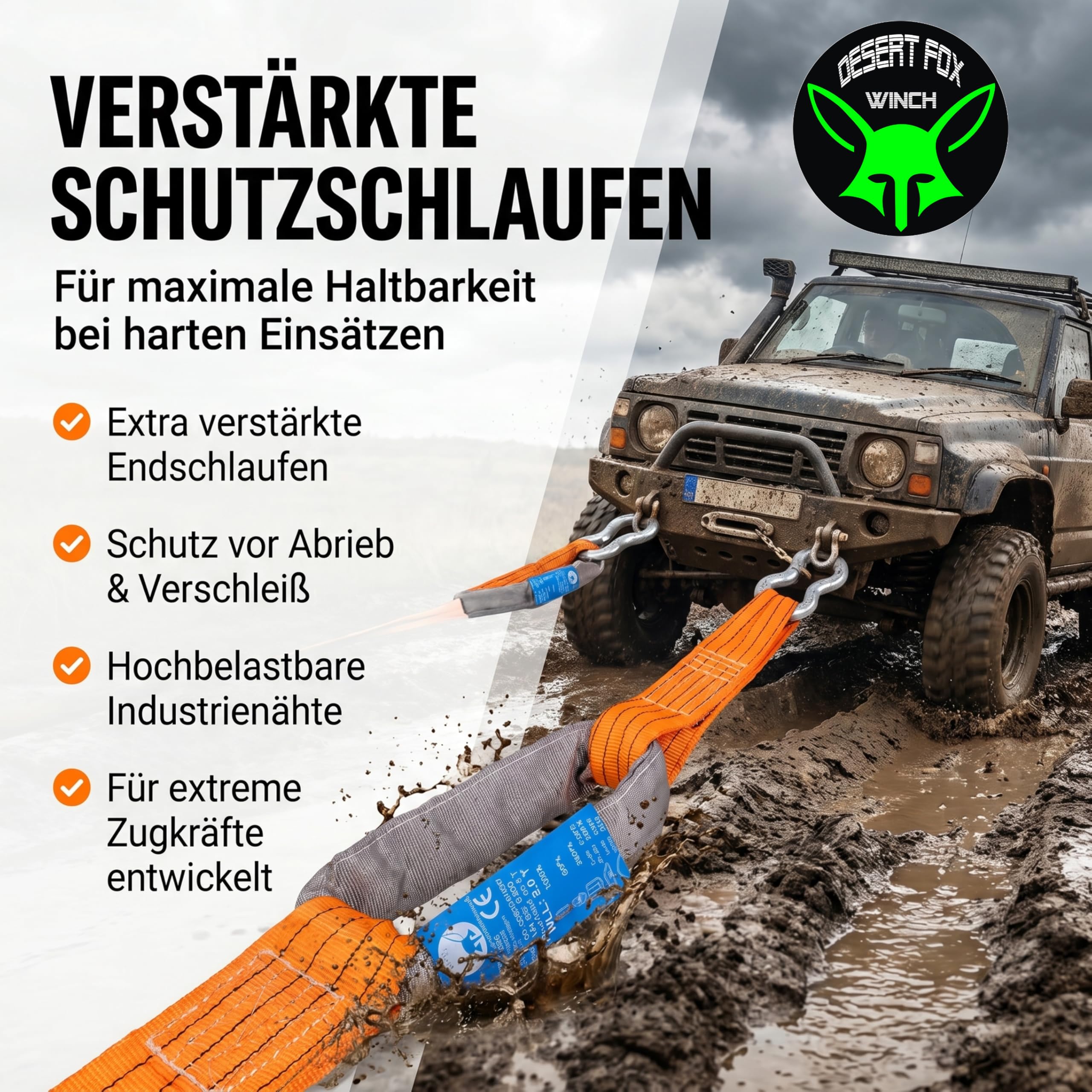 35T Abschleppseil 5m Orange – Profi Bergegurt mit verstärkten Schlaufen | Extrem belastbarer Abschleppgurt für Offroad, SUV, Traktor, LKW & Forst