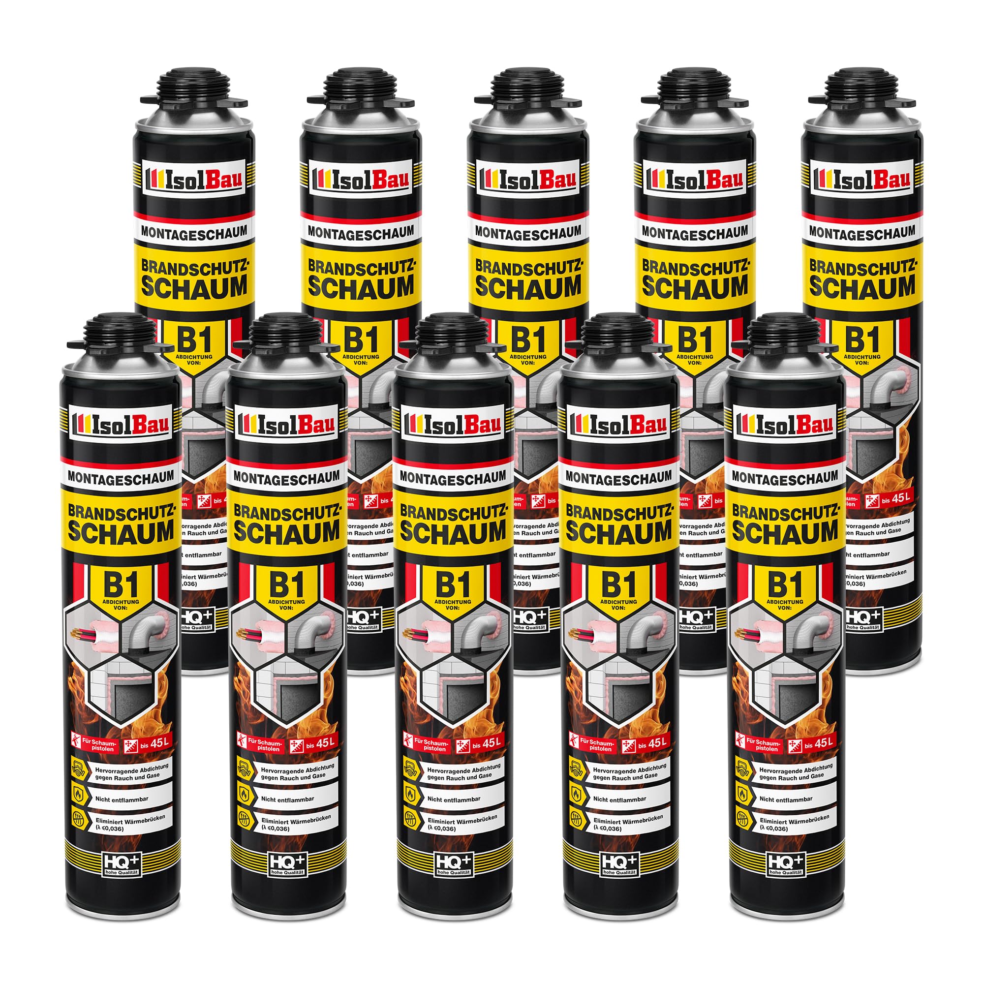 Isolbau - Bauschaum B1 - Montageschaum - PU-Schaum 10 x 750 ml - Pistolenschaum - 1K Brandschutzschaum - Dämmschaum - Abdichtung, Wärmedämmung und Schalldämmung
