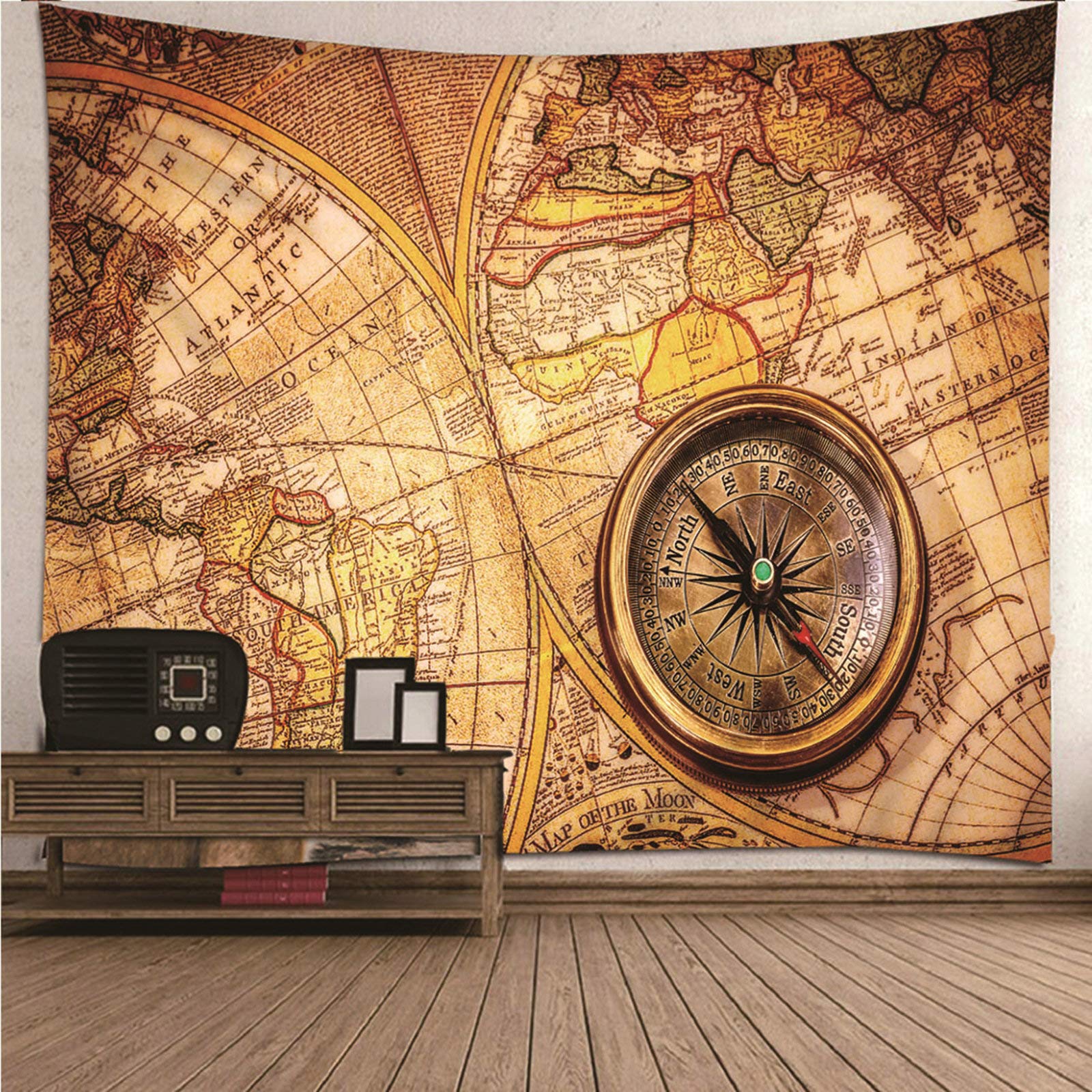 CEVAN Tapestries Custom Tapestry Nature For Bedroom Vintage Compass Map Tapestries For Doorway Extra Large Wall Tapestry For Bedroom wall hanging fabric Yellow 150x130cm