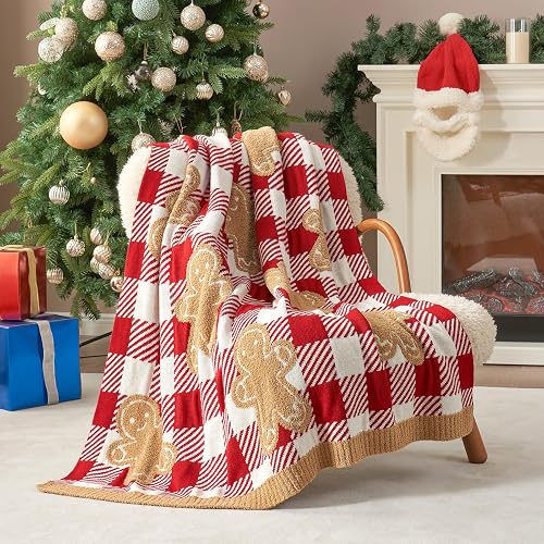 Snuggle Sac Gingerbread Man Throw Blanket Red White Plaid Checkered Blanket 50x60 inches, Ultra Soft Cozy Throw Blanket for Couch, Sofa and Bed for Christmas