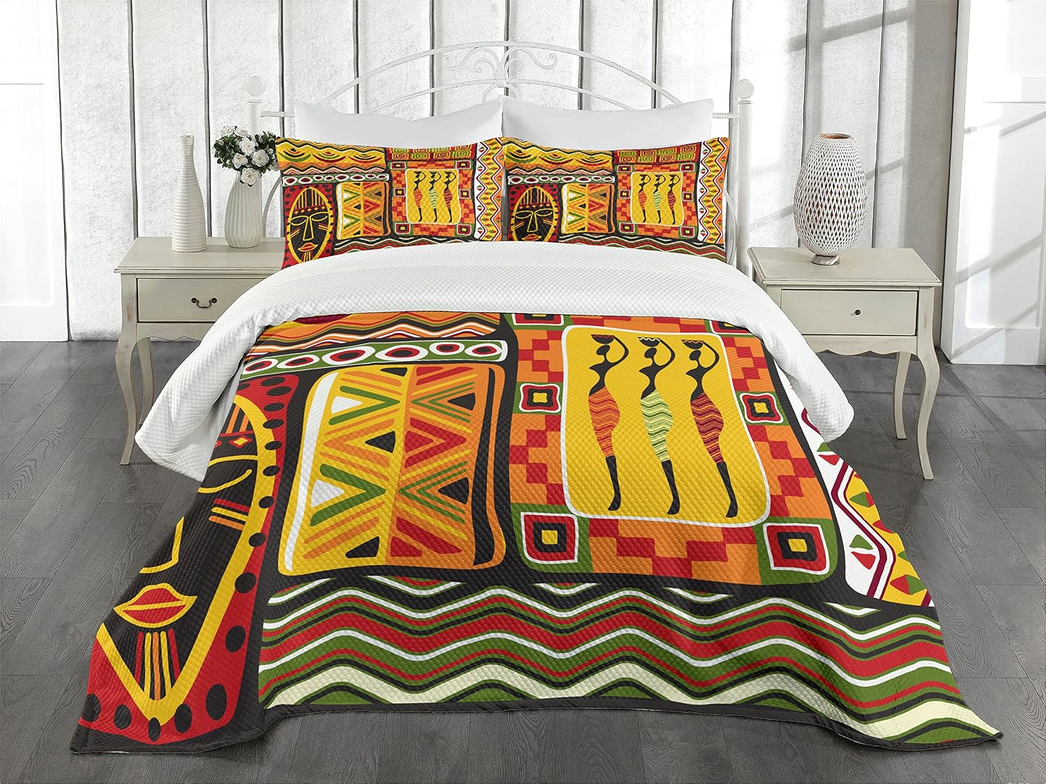 Lunarable African Bedspread, Elements Historical Original Striped and Rectangle Shapes Design, Decorative Quilted 3 Piece Coverlet Set with 2 Pillow Shams, King Size, Scarlet Yellow