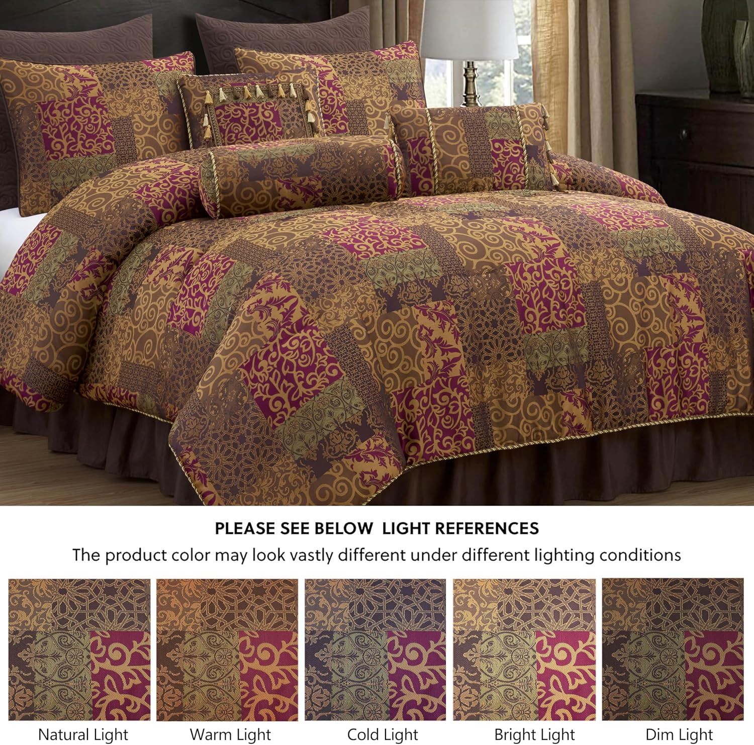 Chezmoi Collection Amelia 9-Piece Floral Jacquard Patchwork Comforter Set, California King, Multicolor