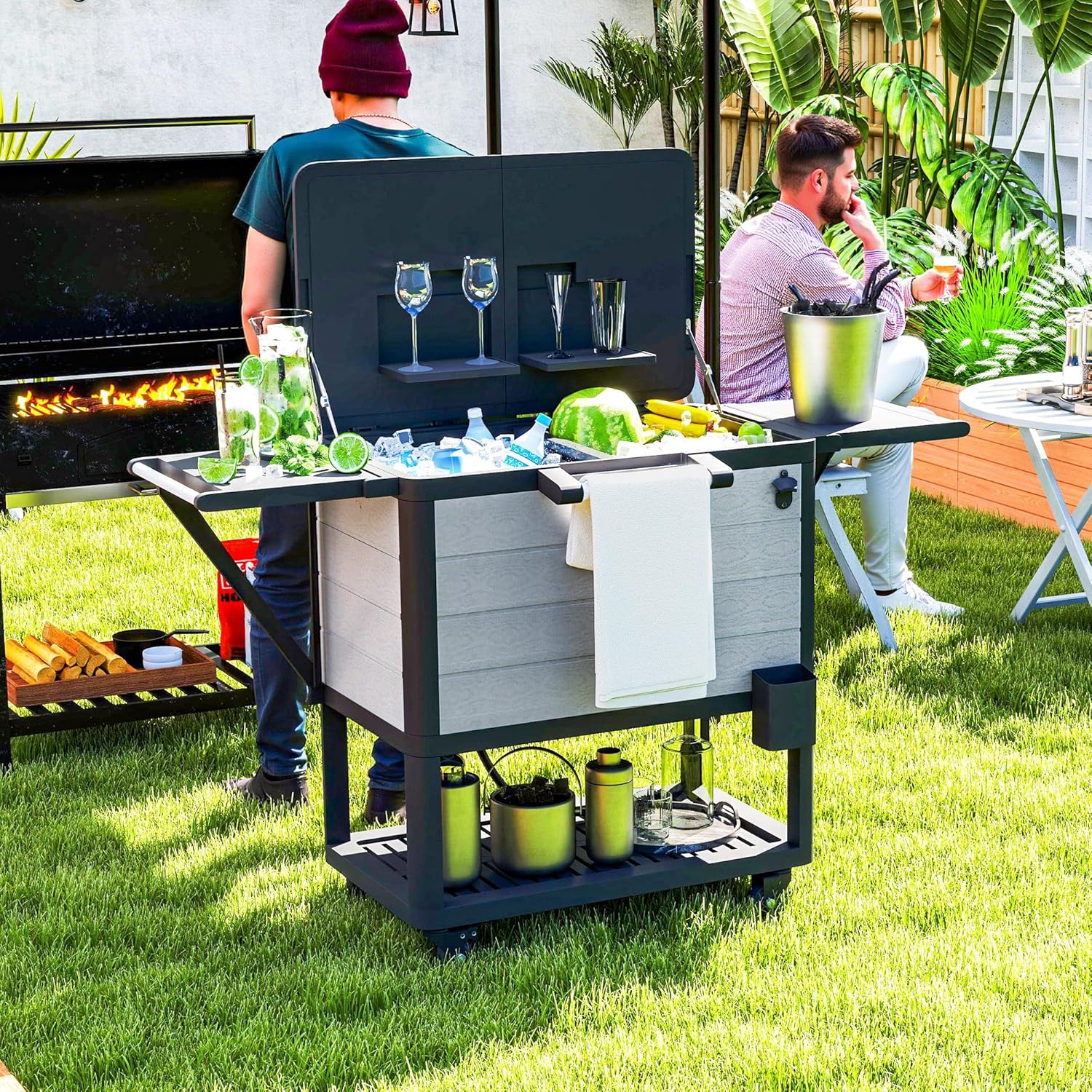 104-Quart Outdoor Cooler Cart with Wheels, 48-Hour Ice Retention Patio Cooler Bin with Lockable Casters, Bottle Opener, Towel Rack, and Foldable Side Tables