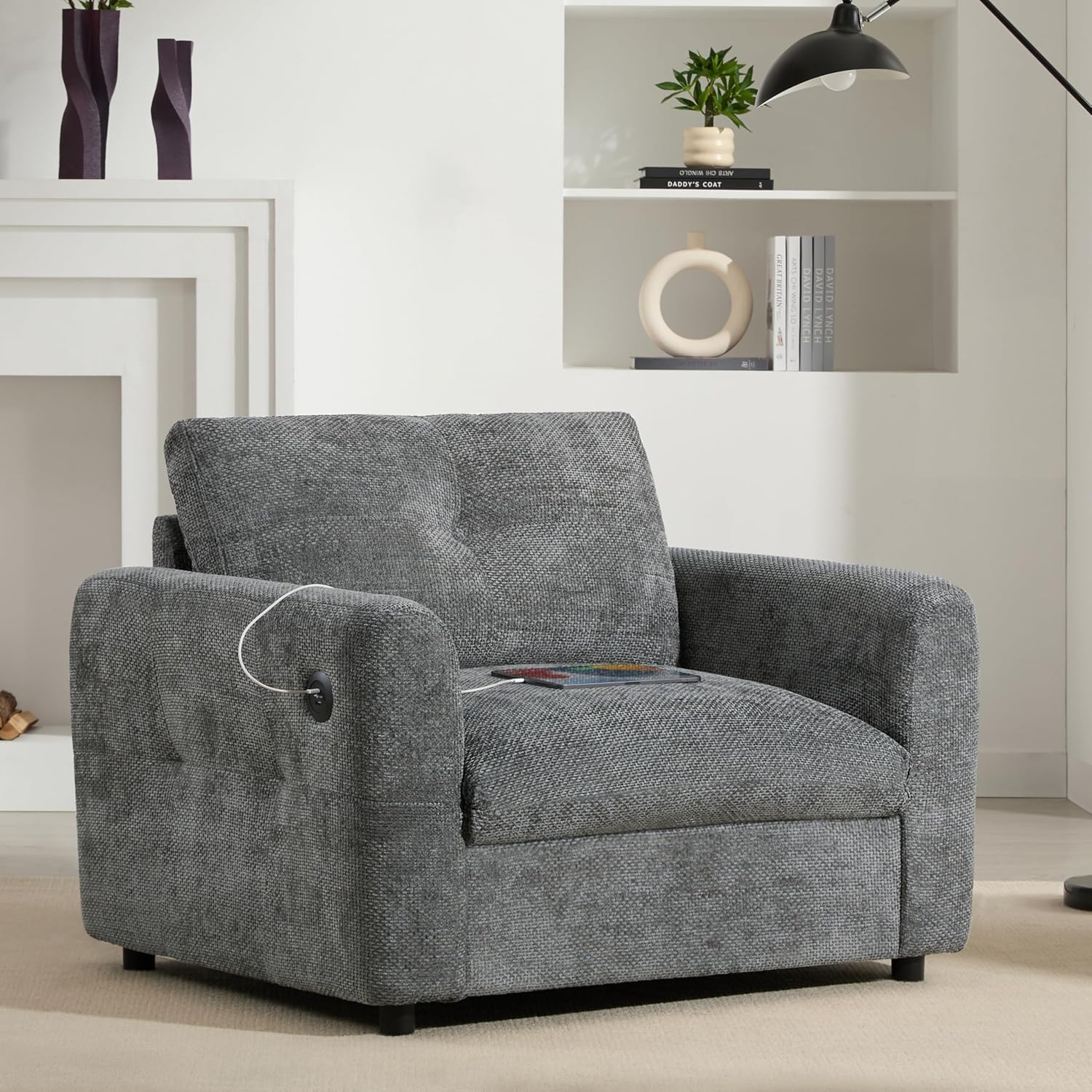 Chenille Oversized Armchair, Upholstered Accent Chair with Charging Port, 42" Wide Comfy Reading Chair, Single Sofa with Wide Seat for Apartment, Bedroom, Office, Living Room (Gray)