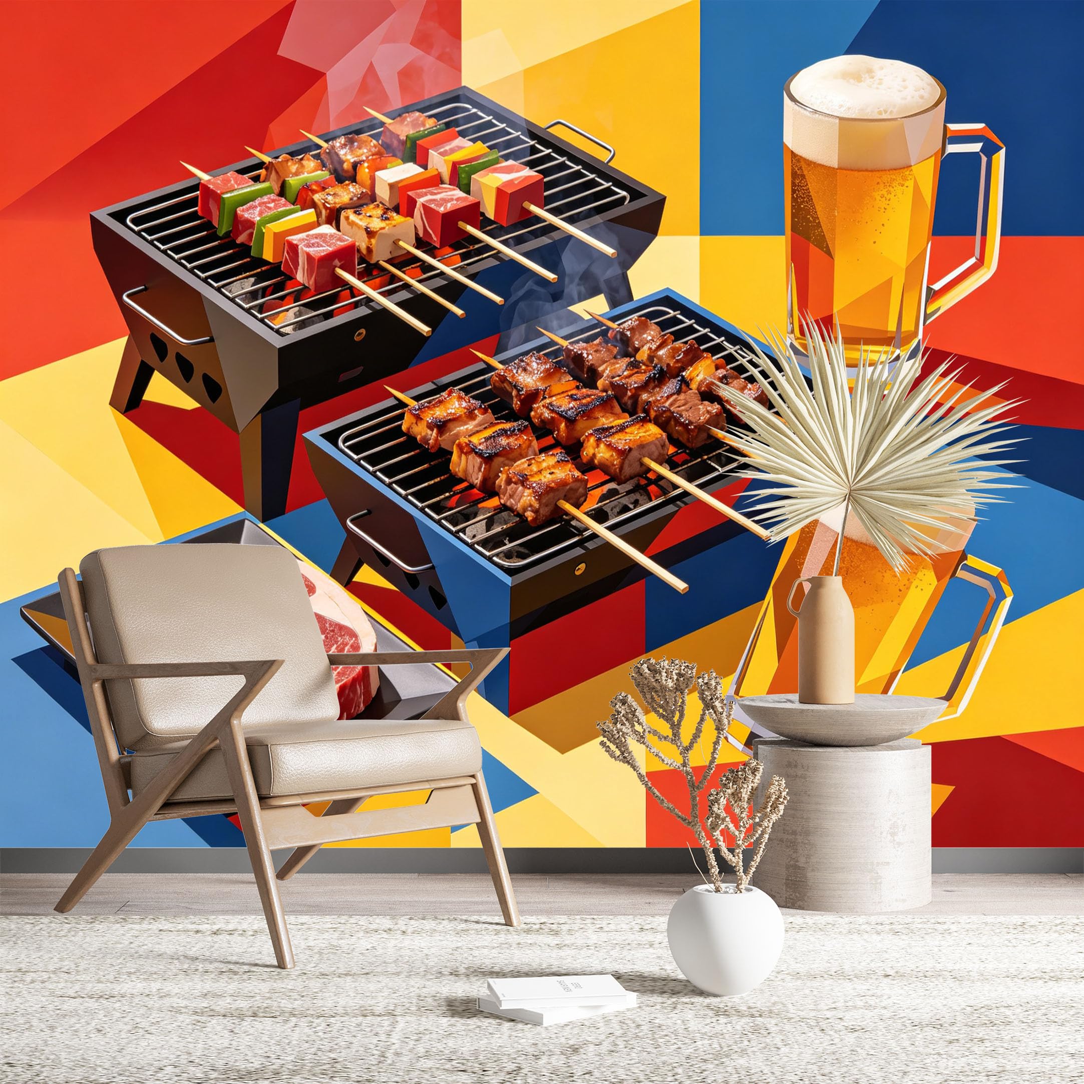 Custom Size Wall Murals Geometric Barbecue with Beer and Skewers Large Photo Wallpaper Self-Adhesive Wall Fabric (NO PVC) Removable Wallpaper for Kitchen Dining Room