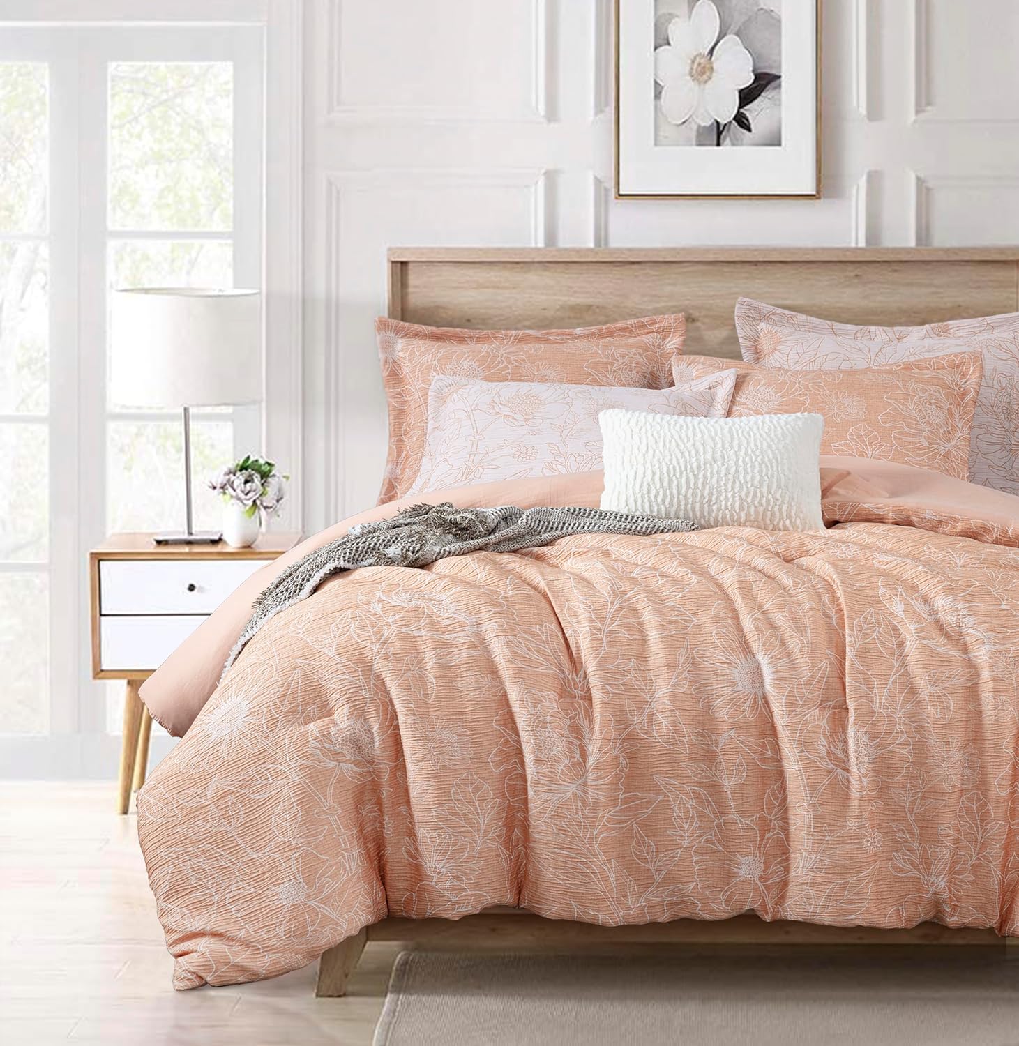 Chezmoi Collection Katrina 6-Piece Floral Comforter Set Queen Size, Coral/White, Soft Jacquard Textured Lightweight Bedding for All Season (1 Comforter, 4 Pillow Shams, 1 Cushion) Queen Coral/White