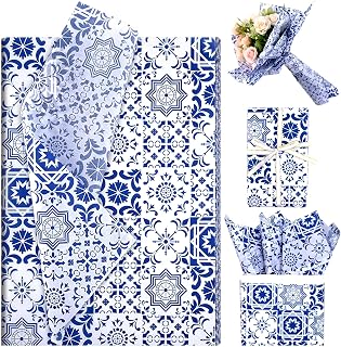 50 Sheets Moroccan Mosaic Tissue Paper,19.7 x 28 Inch Gift Wrapping Tissue Paper Blue Tiles Partern Art Tissue for Wedding Invitation Bridal Shower Wedding DIY Crafts