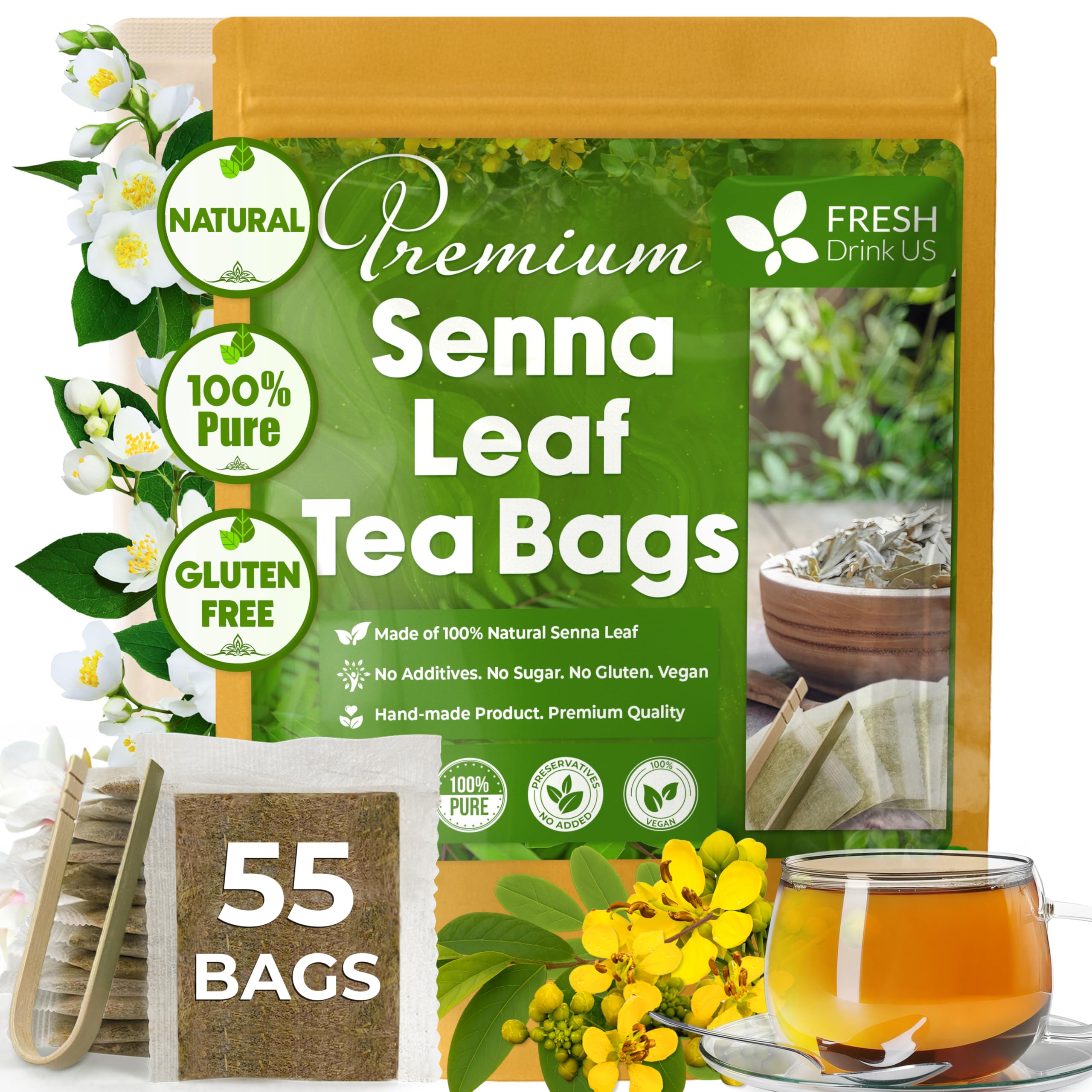 FreshDrinkUS, Premium 55 Senna Leaf Tea Bags, 100% Natural & Pure from Senna Leaves. Loose Leaf Senna Herbal Tea, Made with Natural Material Tea Bags,