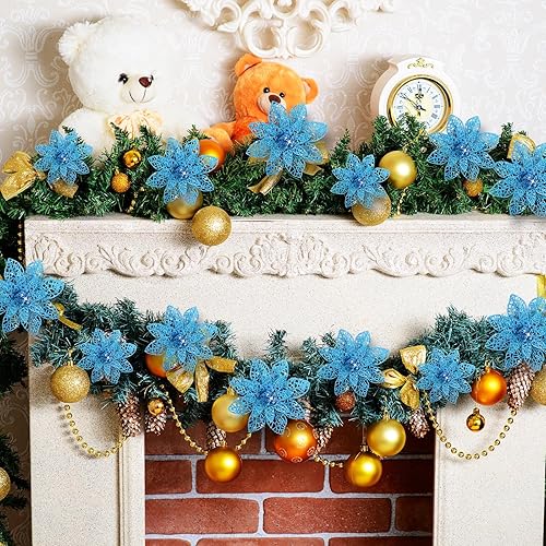 Vista 34 de 24 piezas de adorno de árbol de Navidad de Nochebuena con brillantina. Adorno de decoración de flores de Navidad. 3, 4 y 6 pulgadas / 7.62, 10.16