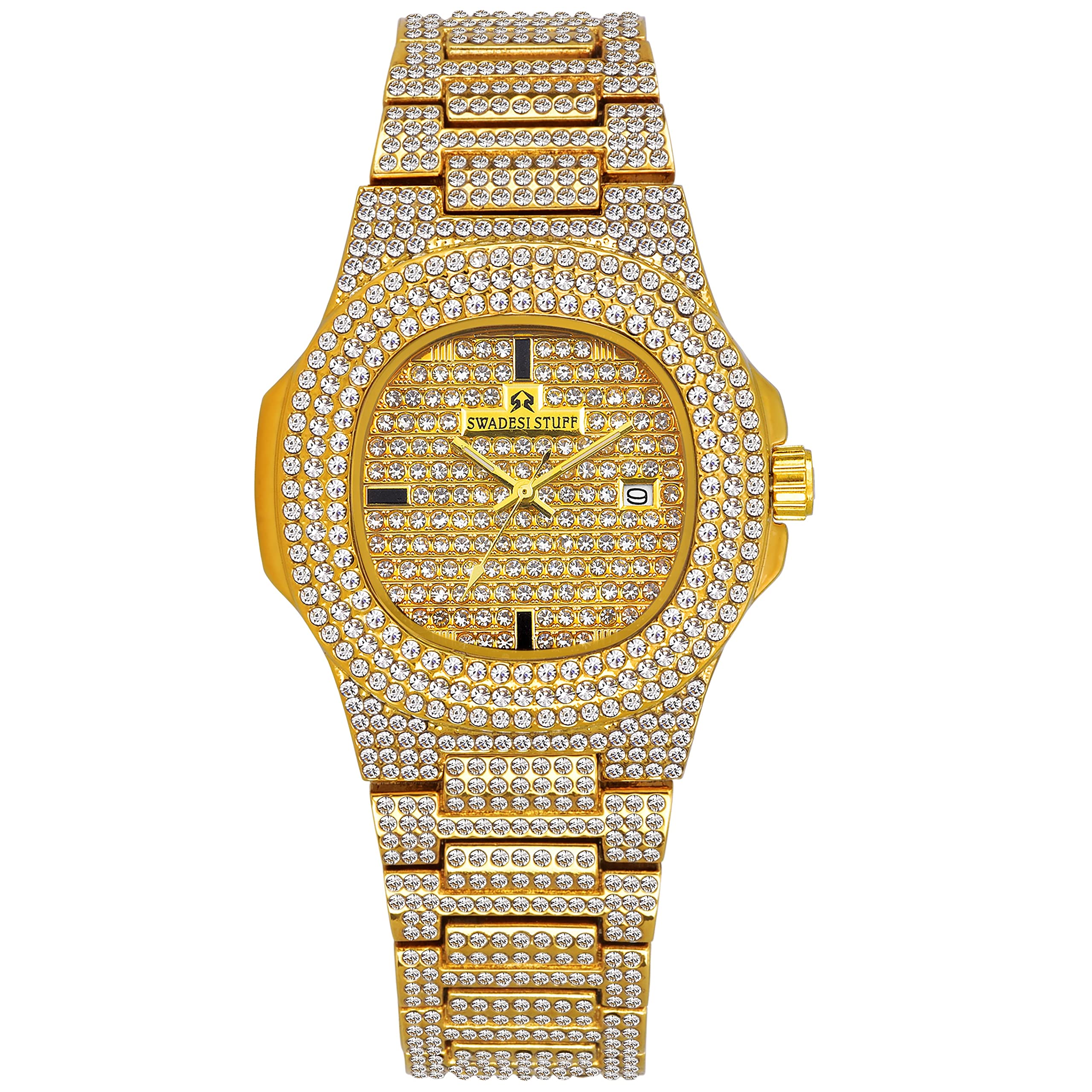 SWADESI STUFF The Emperor Hand-Studded Diamonds Gold Dial Premium & Luxurious Stainless Steel Analog Watch for Men (B0BX7DF98K) Amazon Price History, Amazon Price Tracker