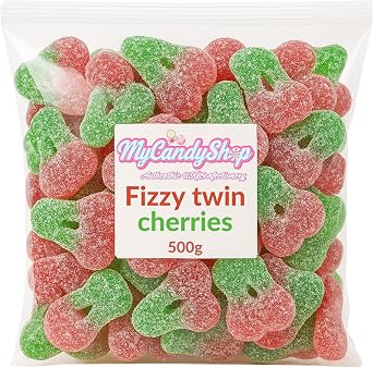 MyCandyShop Fizzy Twin Cherries 500g - Halal Sweets with Tangy Sugar Coating & Chewy Gummy Centre - Cherry Sweets in Red & Green for pick and mix, Candy Jars & Snacking - Fruity Sour Treats