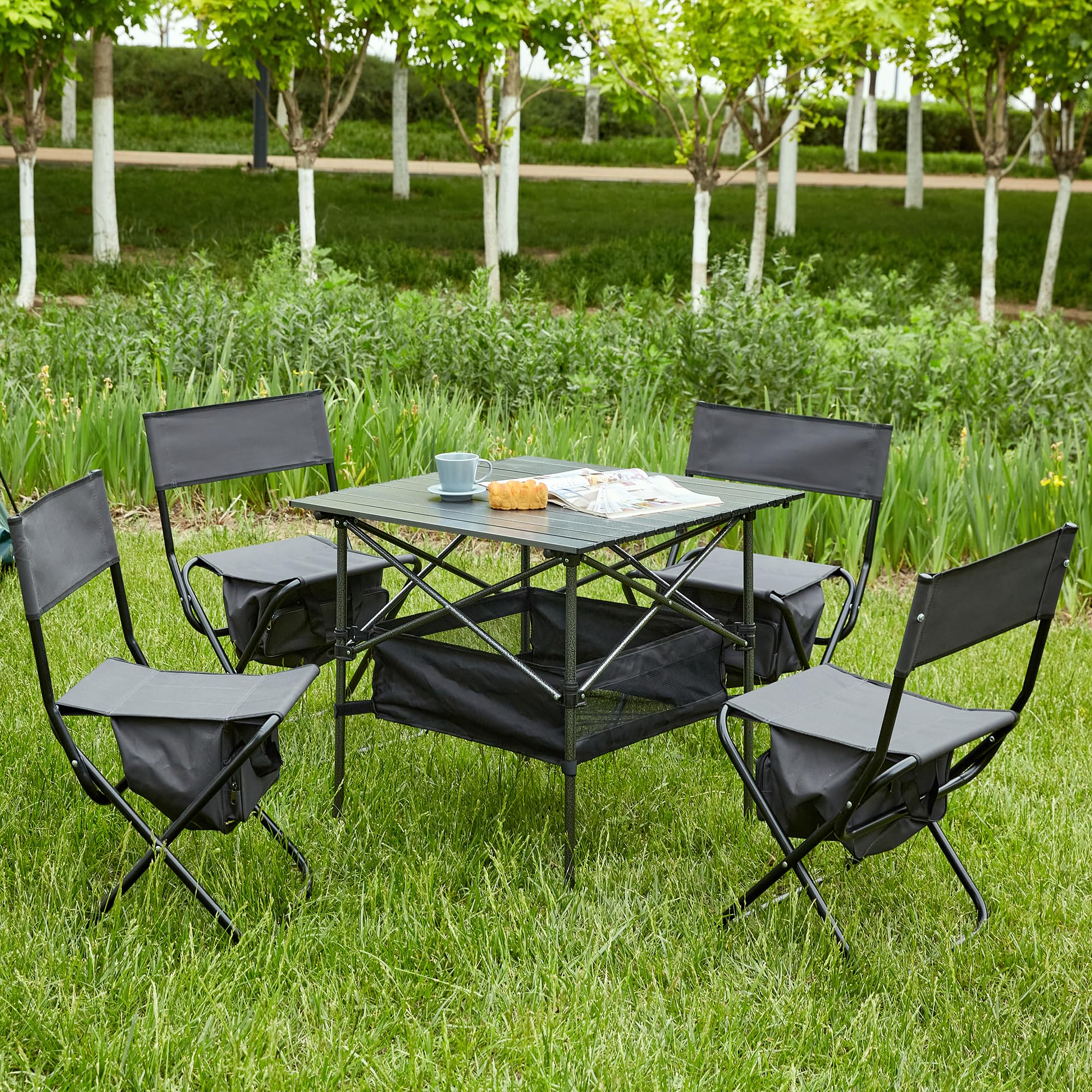 GOWE Set of 5, Folding Outdoor Table and Chairs Set for Indoor, Outdoor Camping, Picnics, Beach,Backyard, BBQ, Party, Patio, Black/Gray