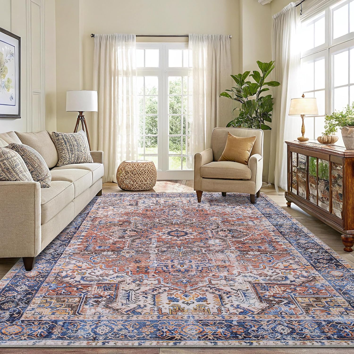 Smiry Area Rugs for Living Room Bedroom, Machine Washable 8x10 Vintage Rug, Soft Plush Bedside Floor Carpet for Farmhouse Nursery Kitchen Laundry Home Decor, Rust/Multi Rust/Multi Retro Complex 8' x 10'