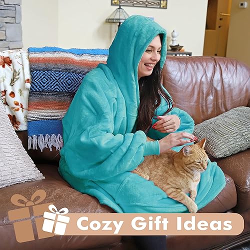 Miniatura 5 de Tirrinia - Manta de tamaño grande de sherpa con capucha, cómoda, regalo para adultos, hombres, mujeres, adolescentes, esposa, novia (aqua)