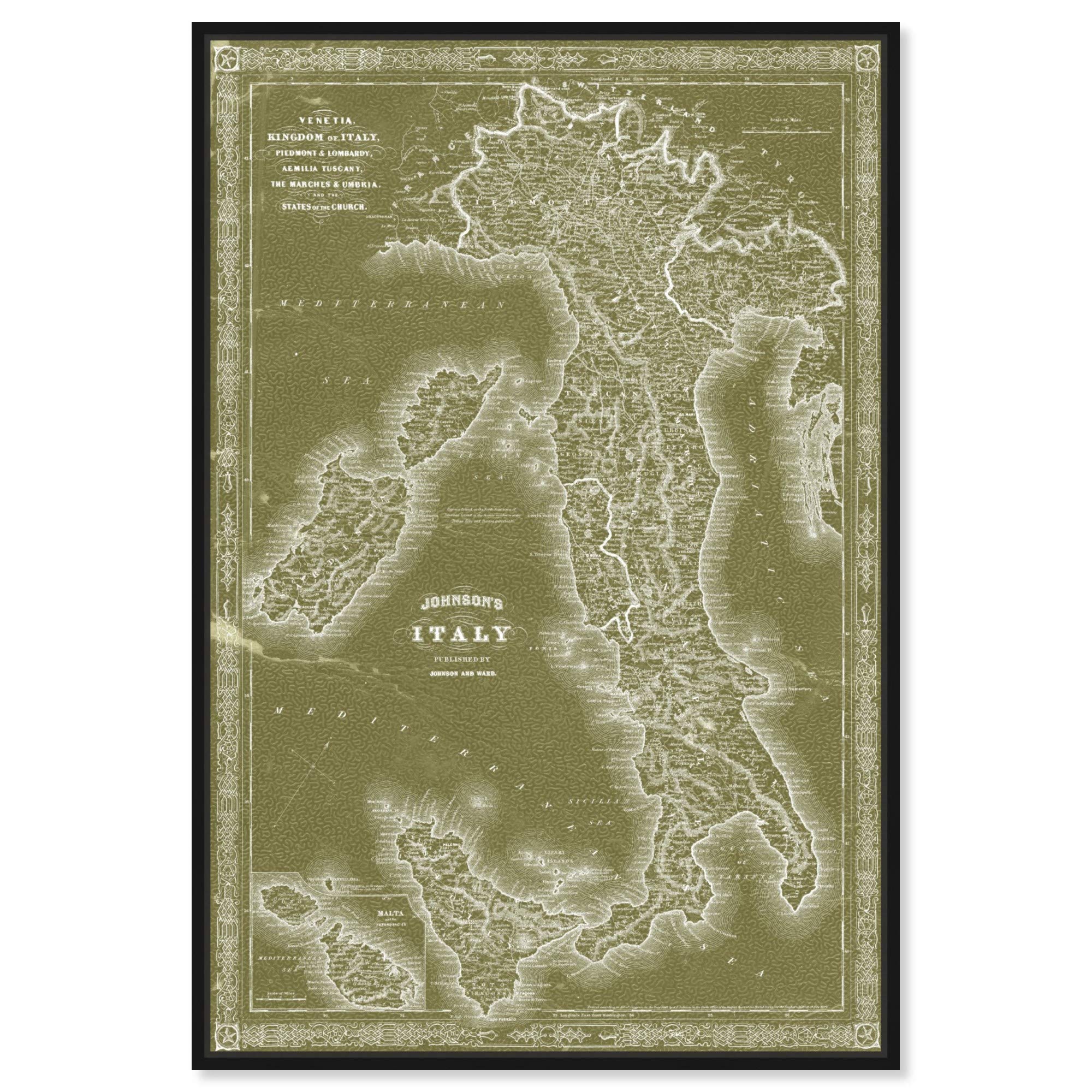 Hatcher and Ethan Flags Wall Art Framed Canvas Prints 'Italy Olive' European Countries Maps Home Décor, 20" x 30", Green, White