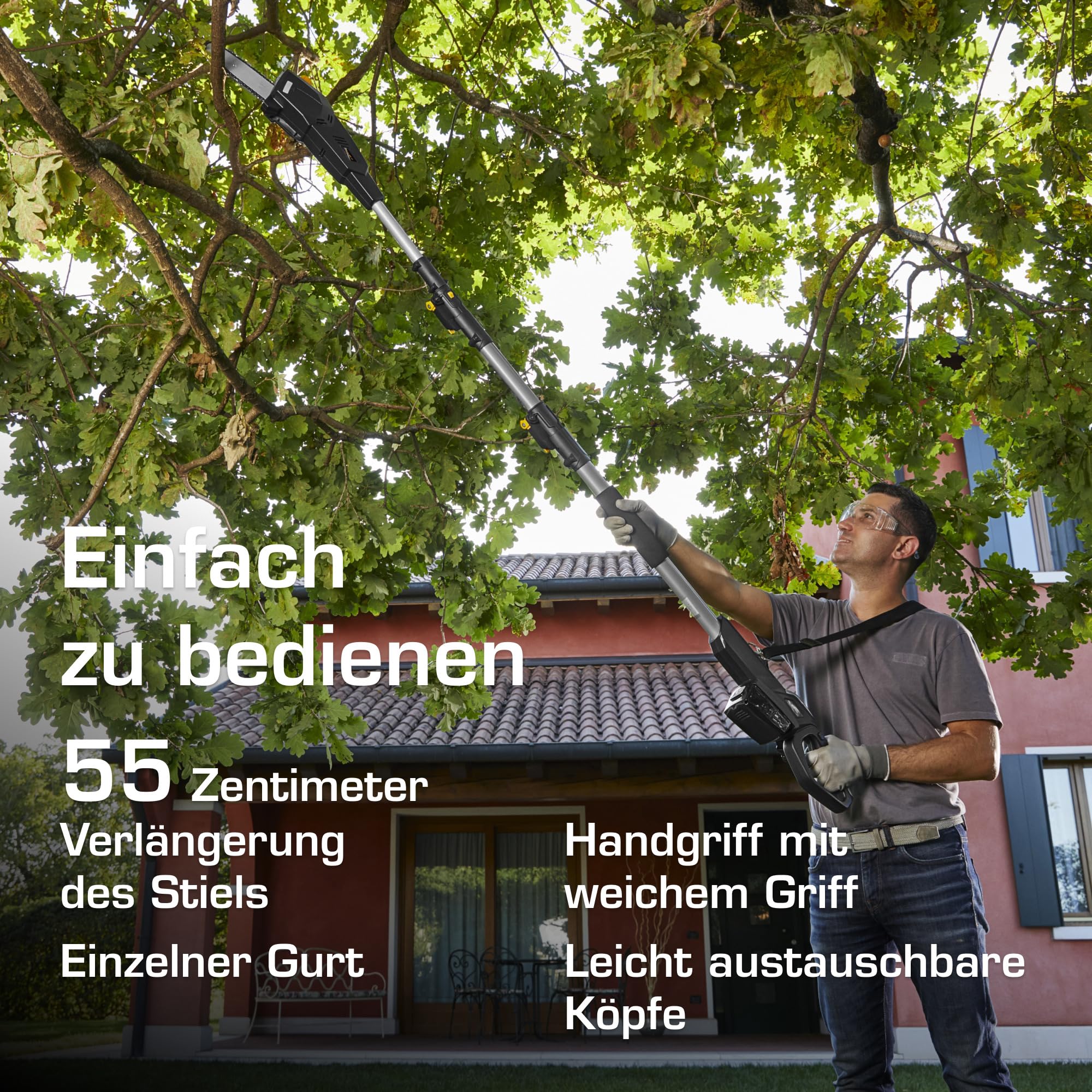 Alpina AMT 20 Li Kit Akku-Multitool, 20 V, 4 Ah – 20 cm Kettensäge, 45,5 cm Heckenschere – Für Hohe Hecken und Äste