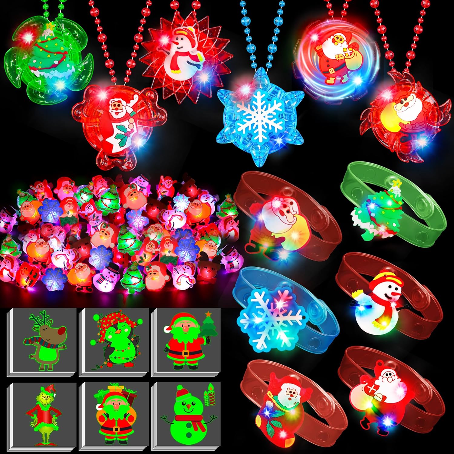 84 PCS Christmas Party Favors Glow in The Dark Toys Bulk Christmas Party Supplies Xmas LED Light Up Necklace Bracelets Ring Holiday Gifts for Boys Girls Classroom Prizes Stocking Stuffers