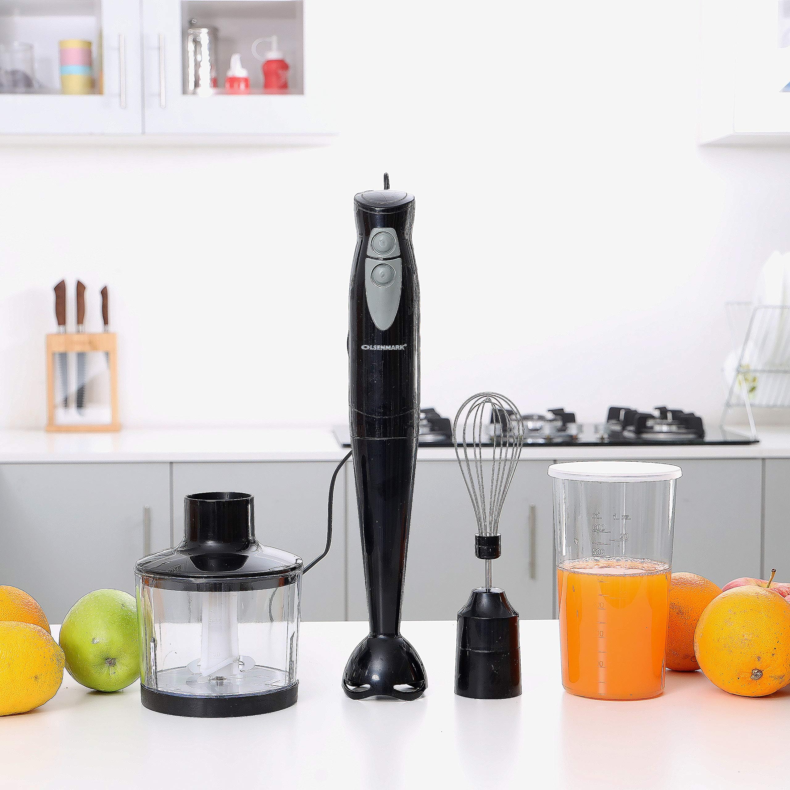 Olsenmark 3-in-1 Hand Blender with Chopper OMHB2286, 250W, 2 Speed Settings, Stainless Steel Blades, 600ml Jar, 500ml Chopper, Whisk, Black
