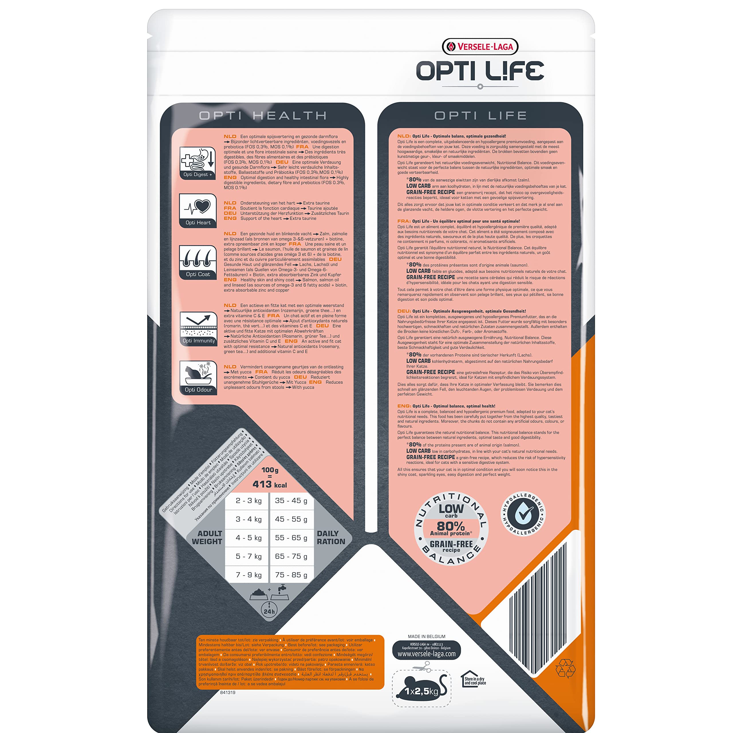 VERSELE LAGA - Croquettes Chat Opti Life Sensitive - Nourriture pour Chat Adulte sans Céréales - Au Saumon - 7,5 kg