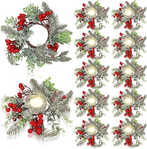 Sliner Anillos de vela de Navidad, decoración de coronas, bayas rojas artificiales, agujas de pino nevado, coronas colgantes, guirnalda colgante