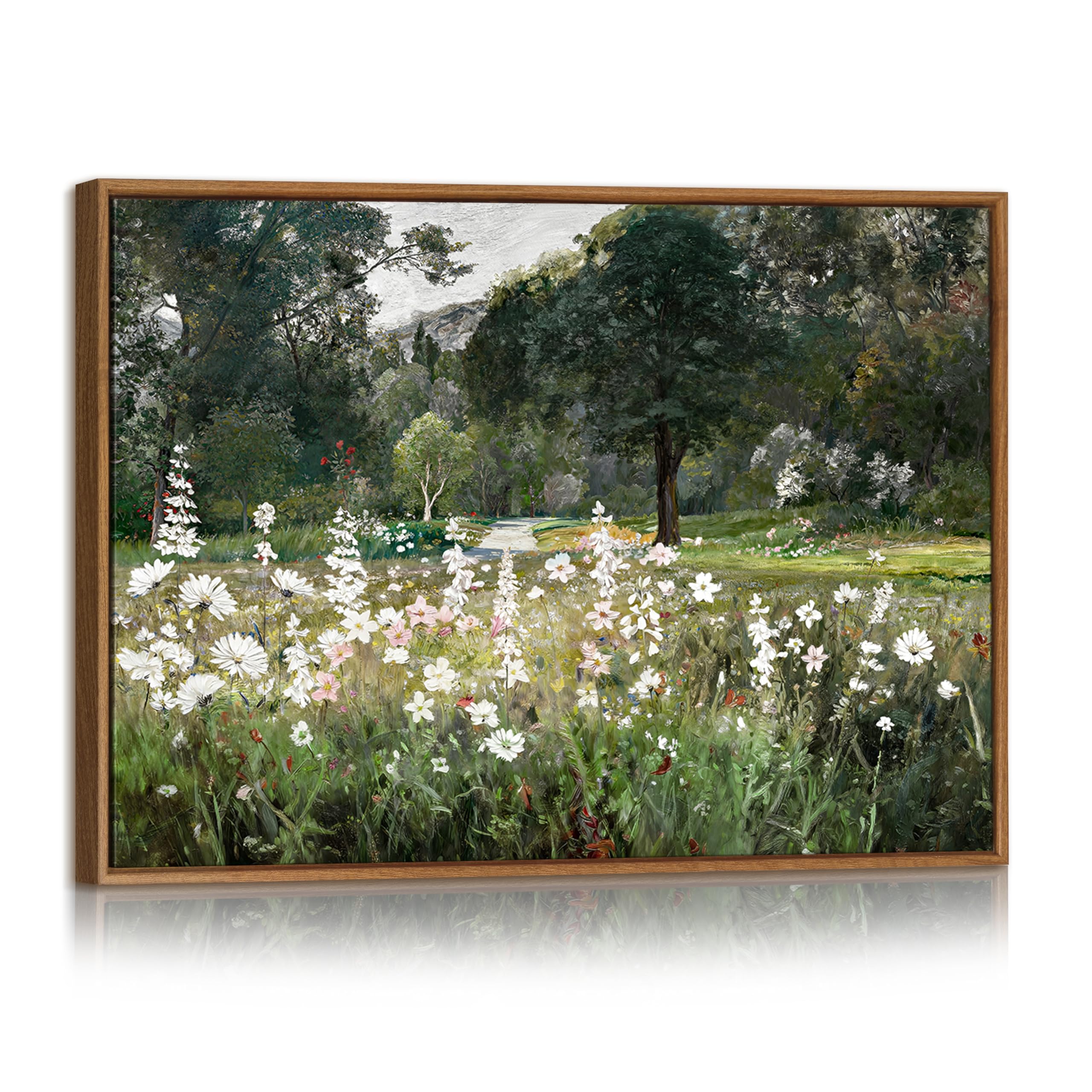 Vintage Green Trees Landscape Framed Canvas Wall Art Prints, Farmhouse Rural Road Pictures for Bedroom Walls Nature Flowering Plants Canva Painting Calm Home Decor for LivinG Room Study Office 30X40cm