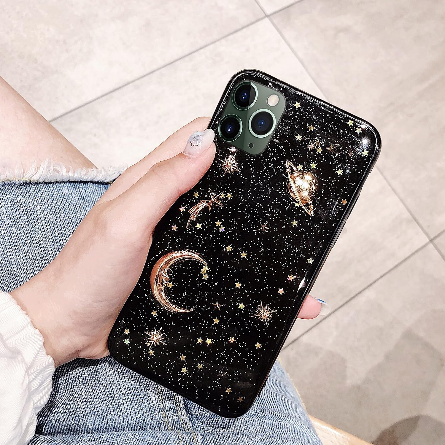 Bonitec for Apple iPhone 11 Pro Max Case 3D Bling Planet Glitter with Space Sparkle Moon Star Universe Flexible Soft TPU Protection Shockproof Protective Cases Cover Gold