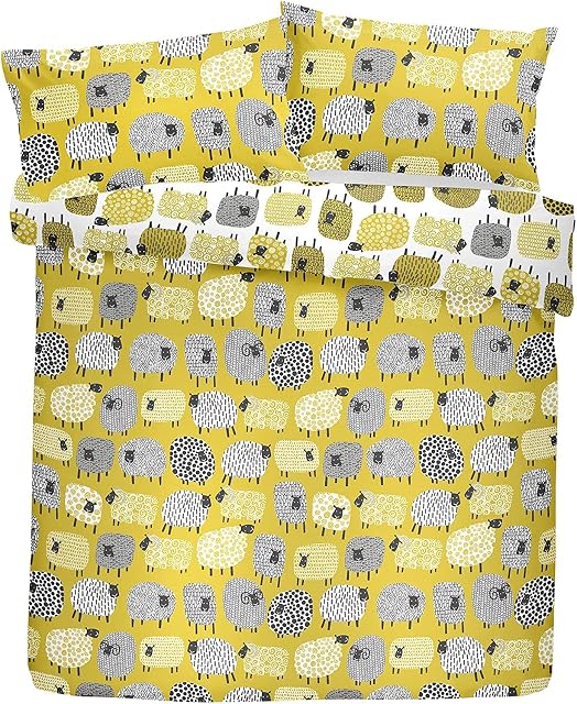 CnA Stores - Dotty Sheep Double Duvet Cover Set Reversible Ochre Grey Bedding, Yellow