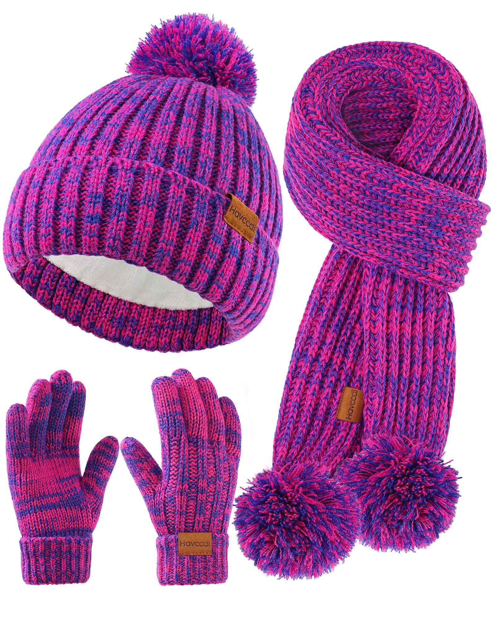 Kids Winter Hat Scarf Gloves Set - Girls Boys Fleece Lined Beanie Hat with Pom Knit Scarf Warm Mittens for Children