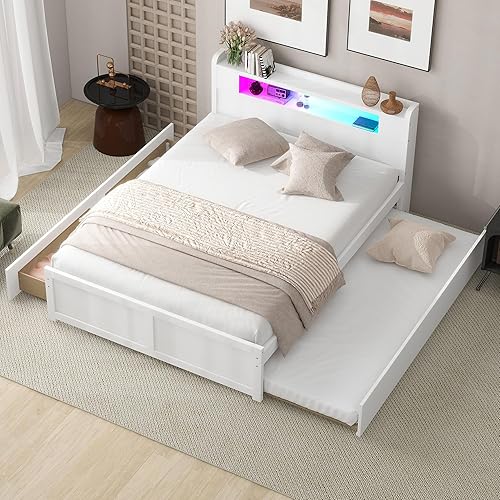 Miniatura 79 de Cama de plataforma de tamaño Queen con cabecero y cajones, marco de cama de plataforma de madera maciza con estantes, puertos USB y enchufes, marco