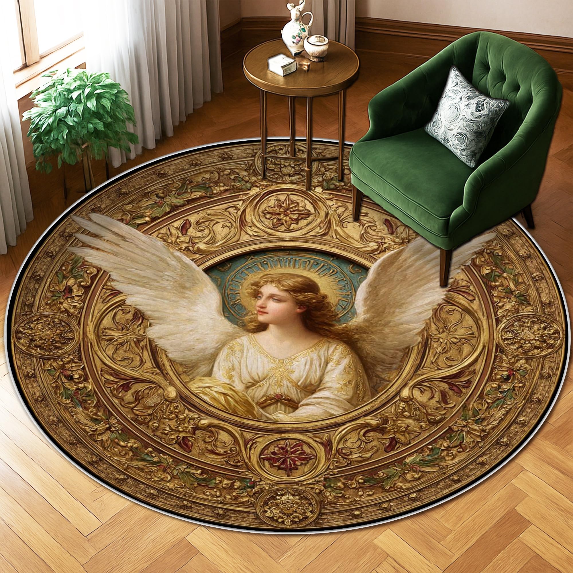 Tapis rond poils courts motif ailes classiques pour un salon chaleureux