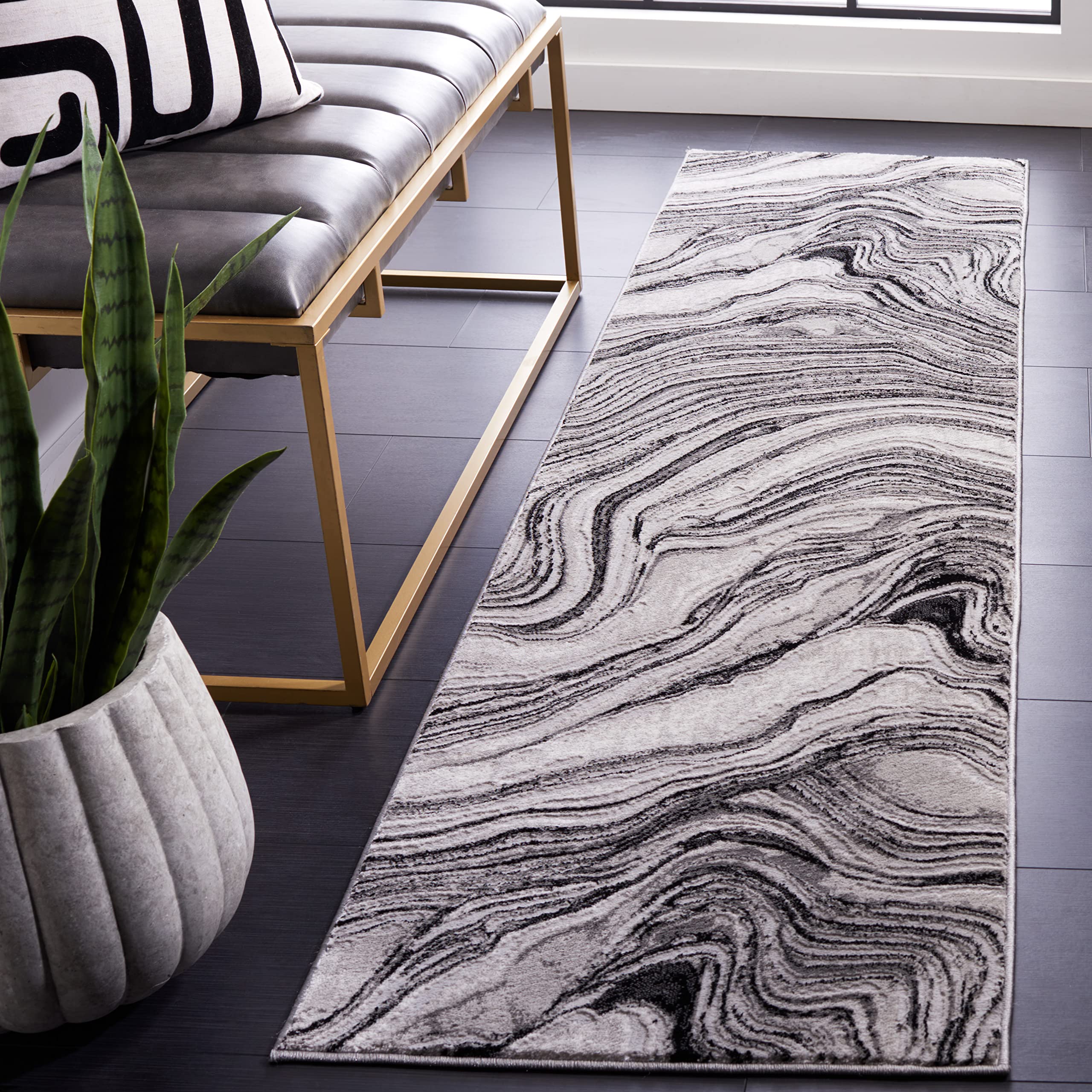 SAFAVIEH Meadow Collection Runner Rug - 2' x 8', Black & Grey, Modern Abstract Design, Non-Shedding & Easy Care, Ideal for High Traffic Areas in