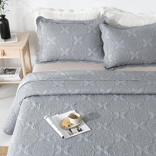 Brandream Juego de colcha tamaño Queen color gris, juego de ropa de cama de estilo campestre vintage, colcha de mezcla de fibra de algodón