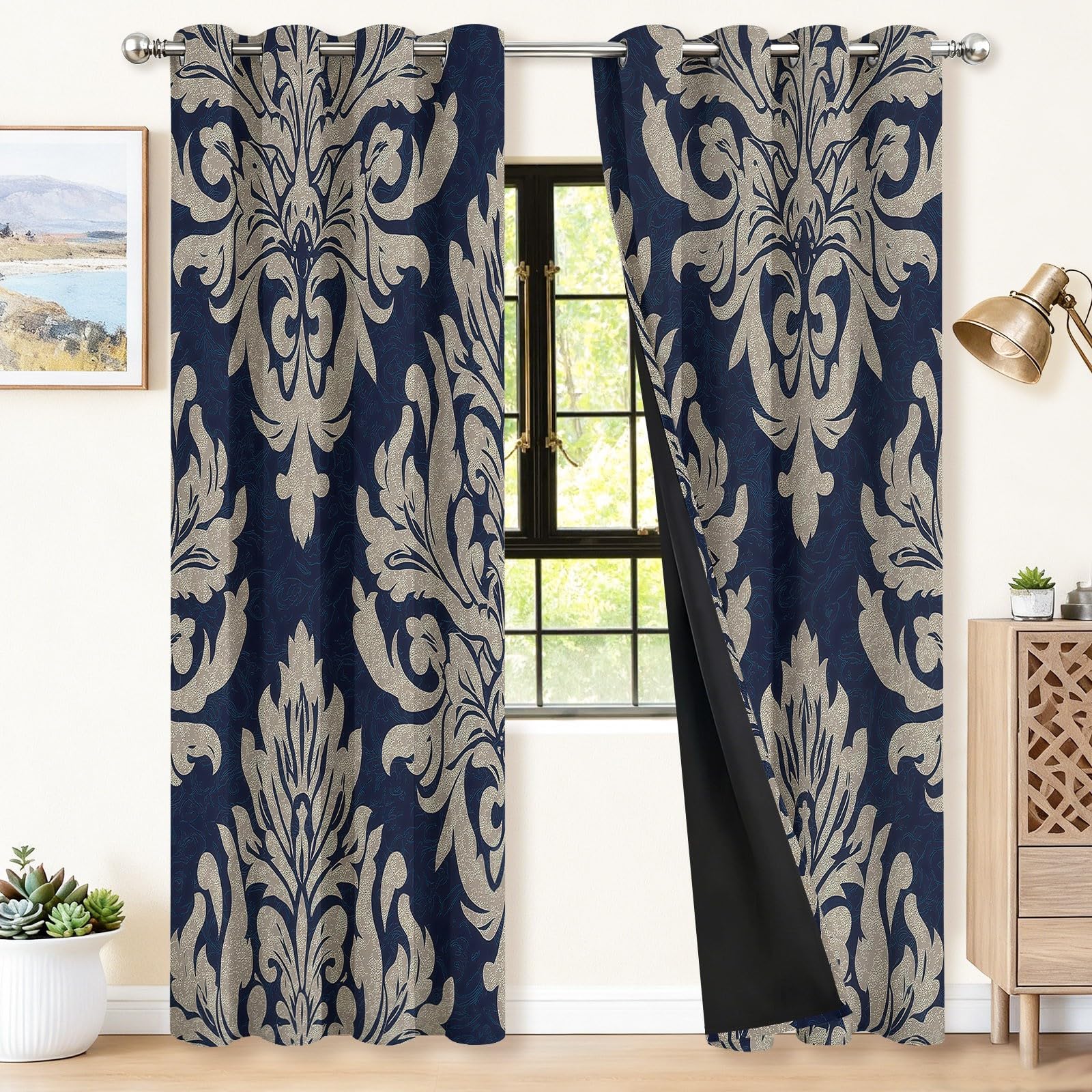 Verdunklungsvorhänge Beige-Blau Europäisch Klassisch Symmetrisch Schnörkel Blumen Vorhänge 2er Set H200 x B70 cm, Hitzeschutz Blickschutz Thermovorhang Ösen für Wohnzimmer Schlafzimmer Kinderzimmer