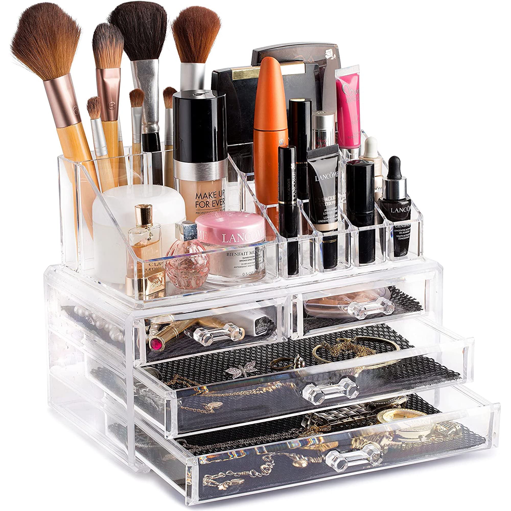 AuraHome Cosmetic Clear Makeup, Hair Clips & Jewellery Organiser, Clear Acrylic 20 Section Dressing Table Holder Easy Visibility Stackable or Table top Drawers with non slip draw inlays