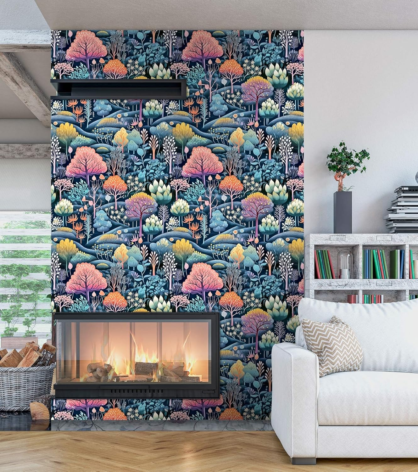 Whimsical Forest Wallpaper Peel and Stick, Abstract Tree Wallpaper for Home Decor, Blue/Pink, 17.7in x 236in