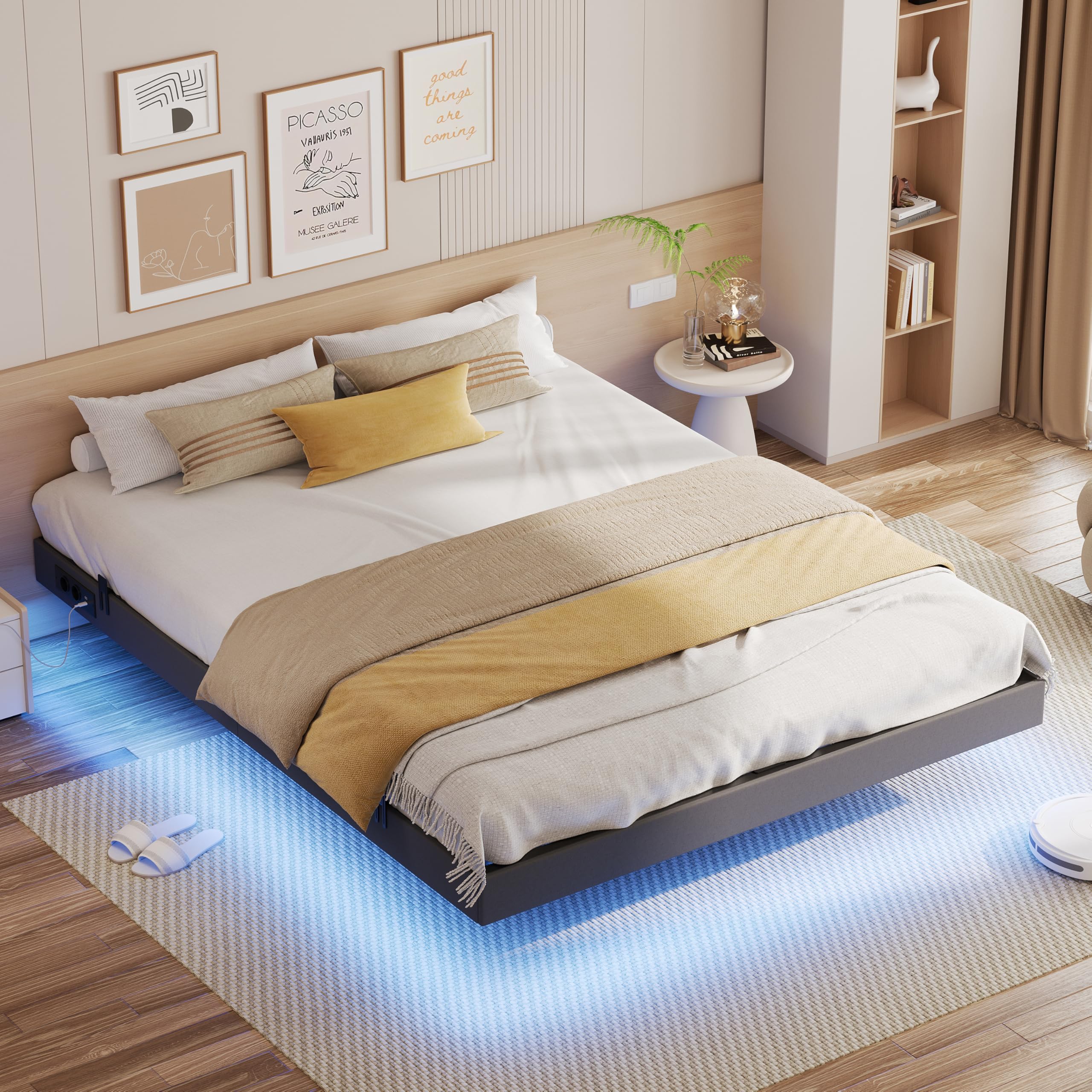 IRONCK Bettgestell 160x200 cm, Schwebender Bett mit LED Beleuchtung, Gepolsterte Seitenwände, 2 AC-Steckdosen, 2 USB-A-Anschluss, 1 USB-C-Anschluss, Metallbett mit Lattenrost Doppelbett, Grau