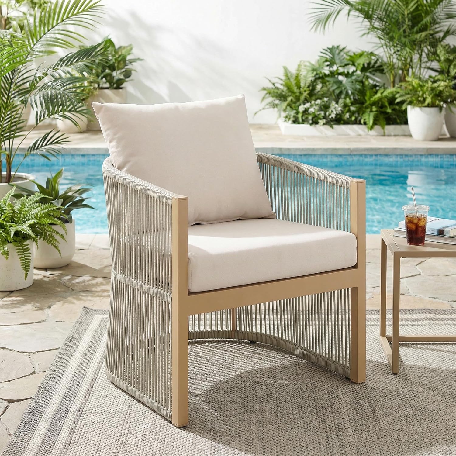Merax Modern Gray Curved Aluminum Lounge Chair with Stylish Rope-Weave Design and Cushioned Comfort for Indoor and Outdoor Living, Beige+Natural