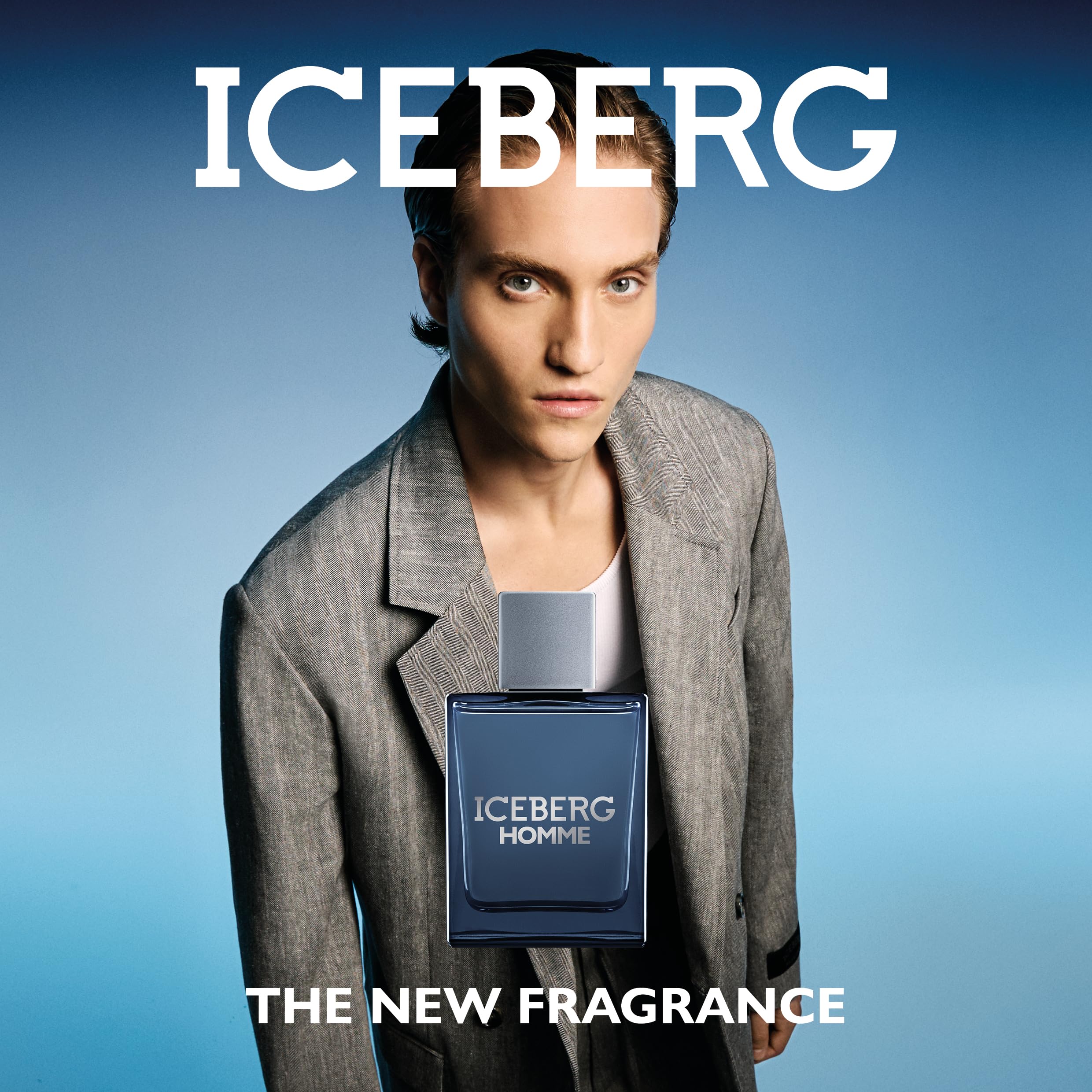ICEBERG Homme woda toaletowa 200 ml, perfumy dla mężczyzn z nuty Fougère, cytrusowe i drewniane, luksusowa butelka z niebieskiego szkła, minimalistyczny i prostokątny design