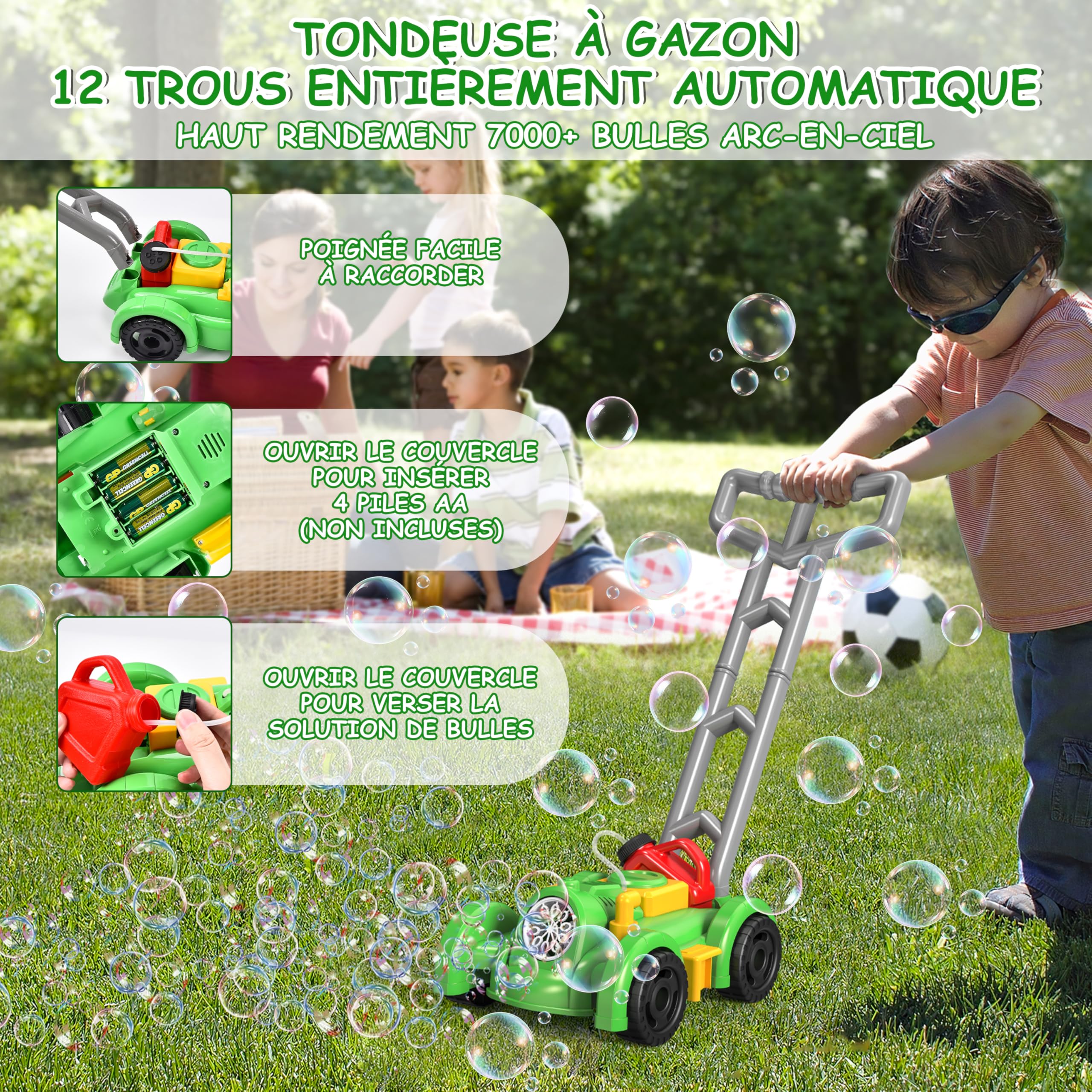 Herefun Tondeuse à Bulles Enfant, Machine à Bulles Automatique, Soufflante à Bulles Automatique Alimentée par Pile, Tondeuse à Gazon Jouet pour Activités en Plein Air Enfant (Vert)