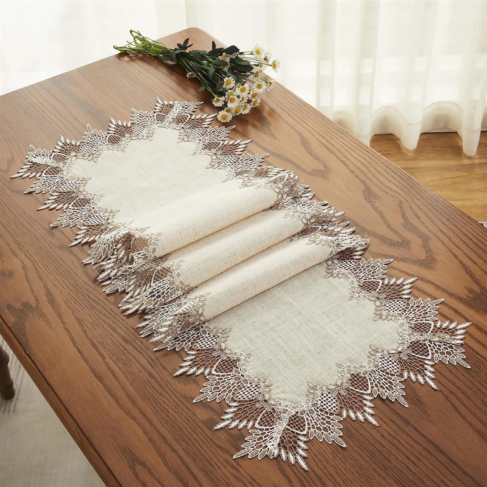 Runner da tavola in pizzo, Festa di nozze in cucina con sciarpa in pizzo lino beige(40x270cm)